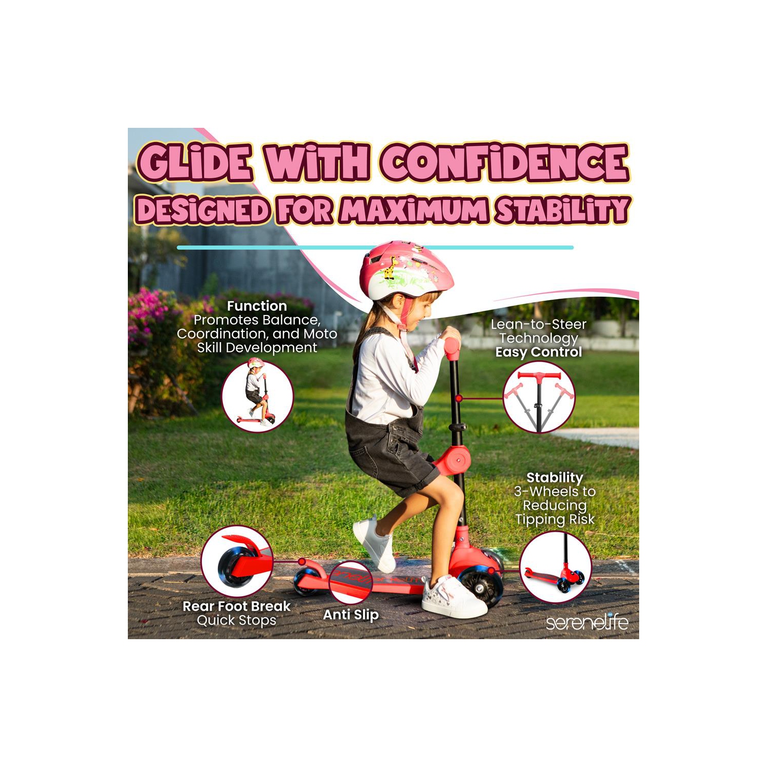 SereneLife 3 Wheel Foldable Kids Scooter, Foldable seat- LED Wheel Lights, Adjustable Handlebar, Rear Foot Brake, Lean-to-Steer, Anti-Slip Deck,