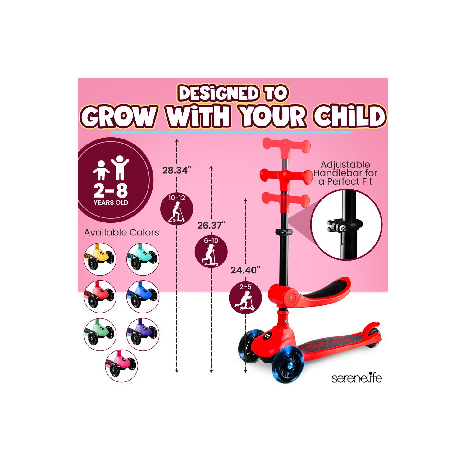 SereneLife 3 Wheel Foldable Kids Scooter, Foldable seat- LED Wheel Lights, Adjustable Handlebar, Rear Foot Brake, Lean-to-Steer, Anti-Slip Deck,