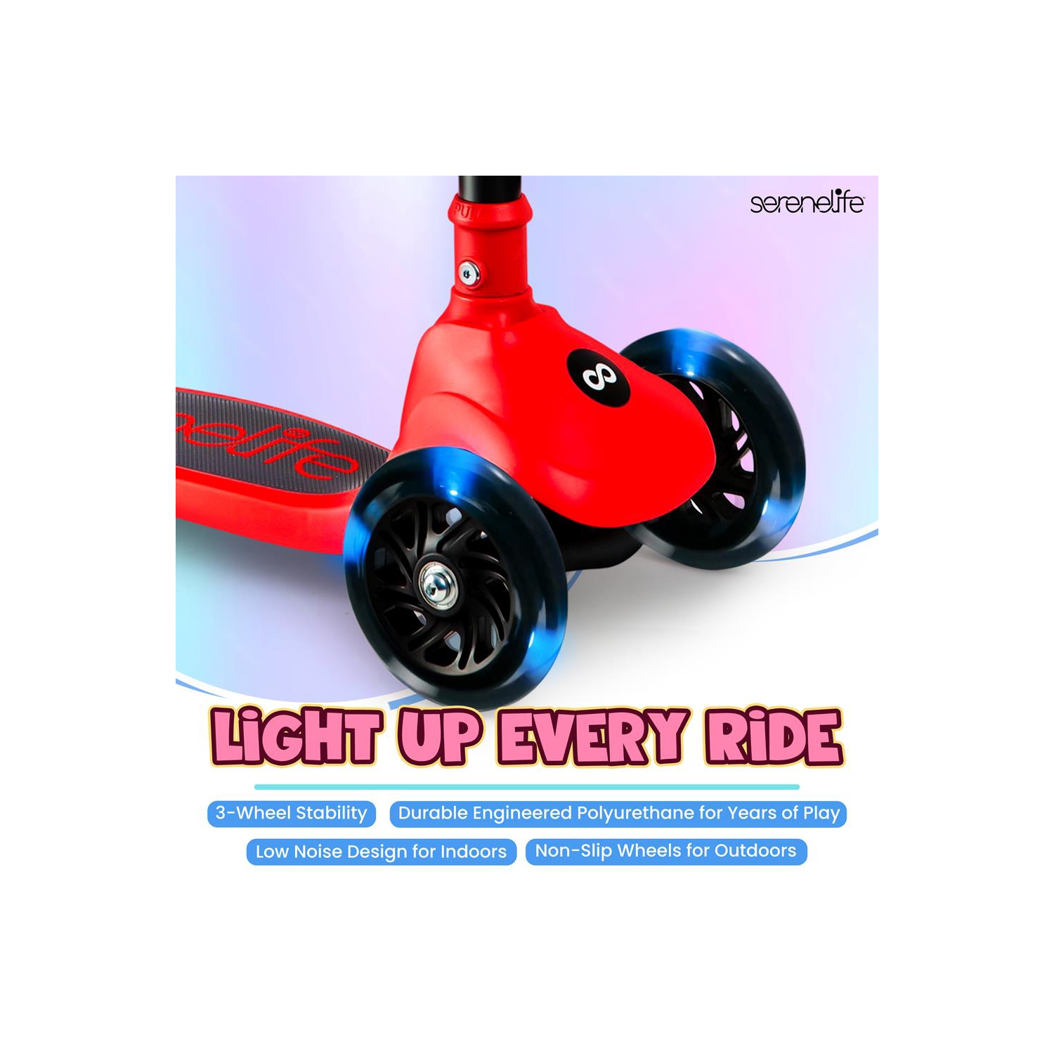 SereneLife 3 Wheel Foldable Kids Scooter, Foldable seat- LED Wheel Lights, Adjustable Handlebar, Rear Foot Brake, Lean-to-Steer, Anti-Slip Deck,