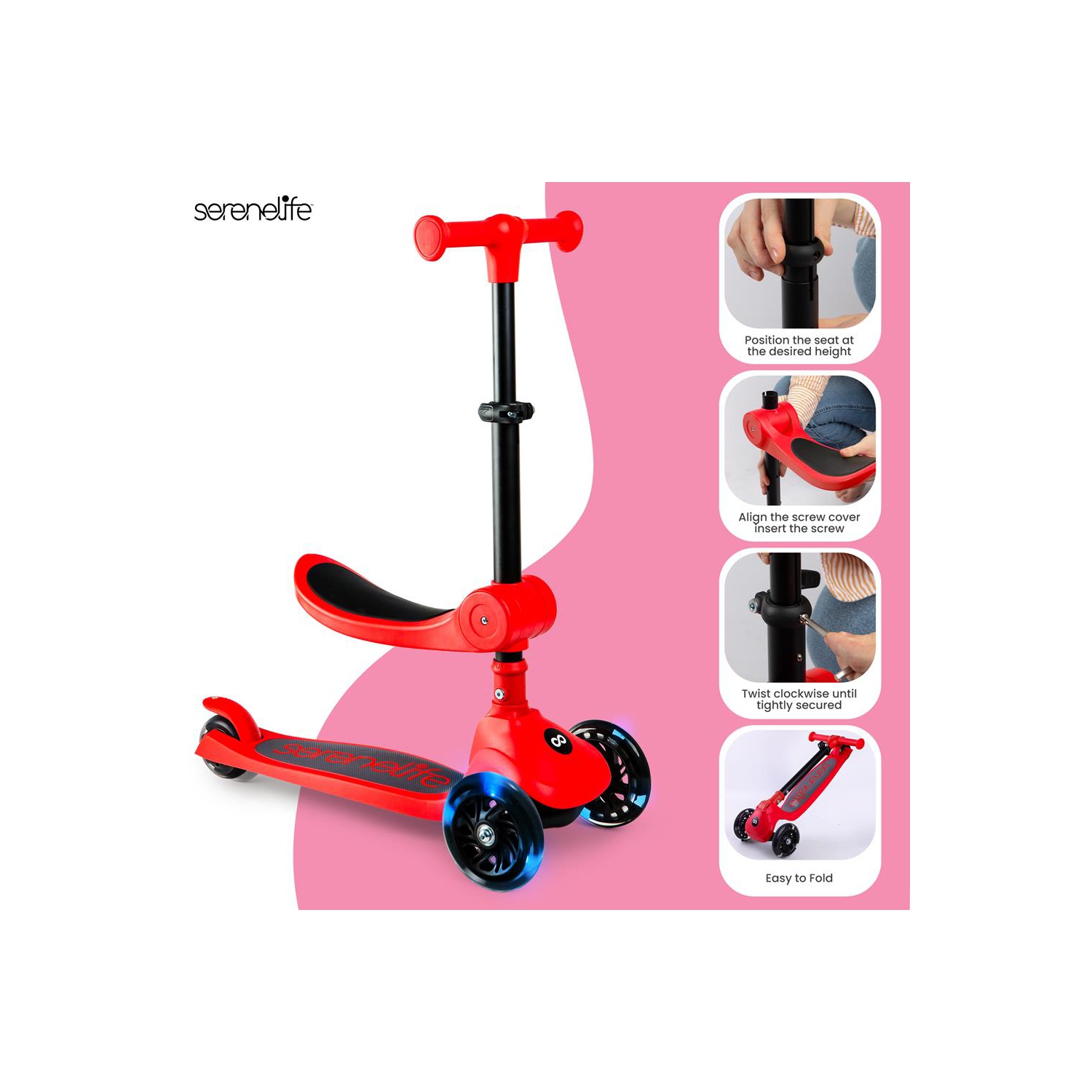 SereneLife 3 Wheel Foldable Kids Scooter, Foldable seat- LED Wheel Lights, Adjustable Handlebar, Rear Foot Brake, Lean-to-Steer, Anti-Slip Deck,