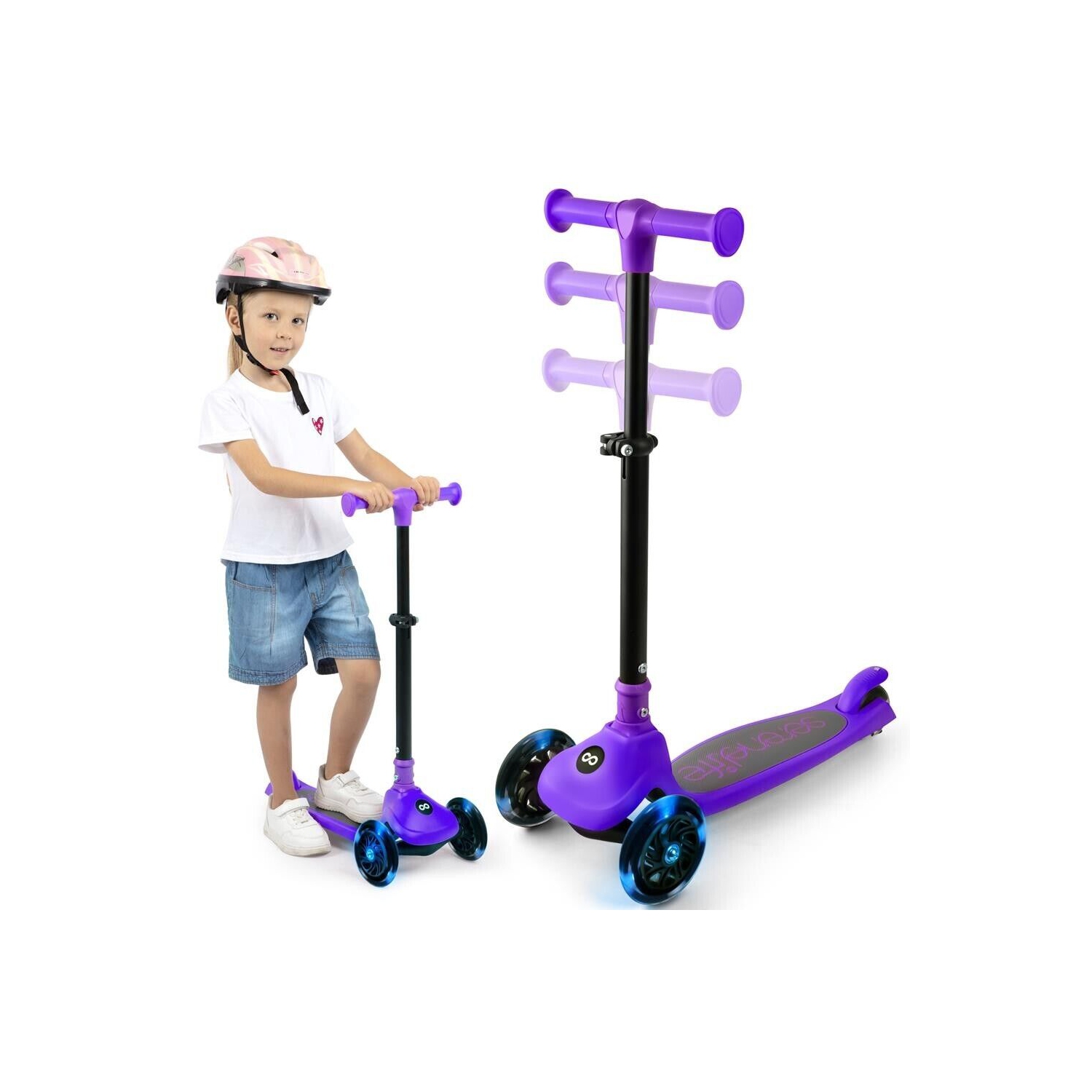 SereneLife 3 Wheel Foldable Kids Scooter - LED Wheel Lights, Adjustable Handlebar, Rear Foot Brake, Lean-to-Steer, Anti-Slip Deck, Ideal for Toddlers