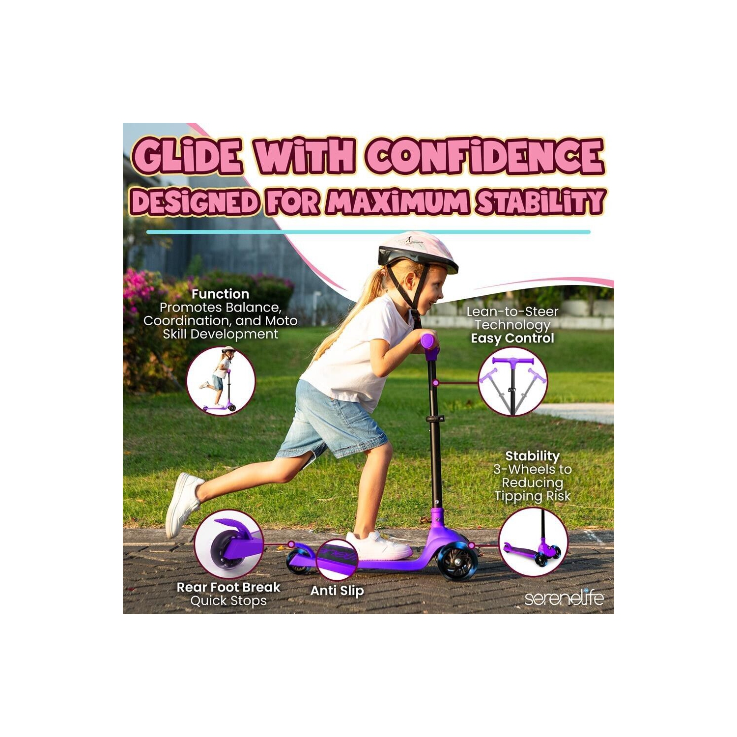 SereneLife 3 Wheel Foldable Kids Scooter - LED Wheel Lights, Adjustable Handlebar, Rear Foot Brake, Lean-to-Steer, Anti-Slip Deck, Ideal for Toddlers