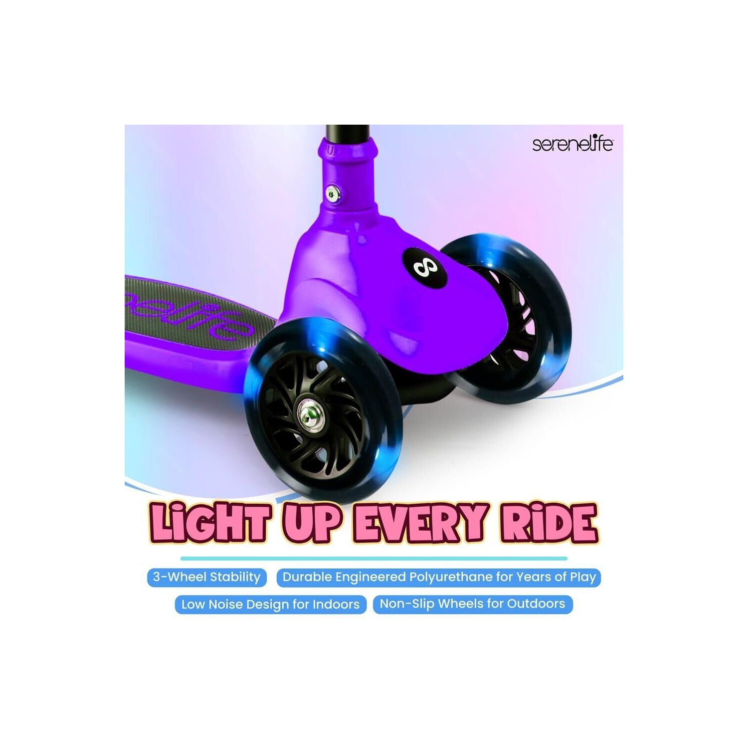 SereneLife 3 Wheel Foldable Kids Scooter - LED Wheel Lights, Adjustable Handlebar, Rear Foot Brake, Lean-to-Steer, Anti-Slip Deck, Ideal for Toddlers