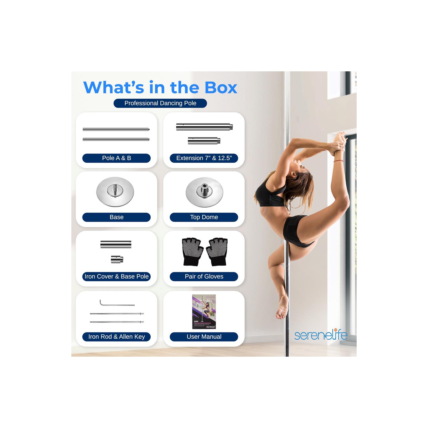 SereneLife Professional Spinning Dance Pole, 45mm Portable Exercise Pole for Fitness – Durable Steel Build, Anti-Rust Finish, Suitable for Home,