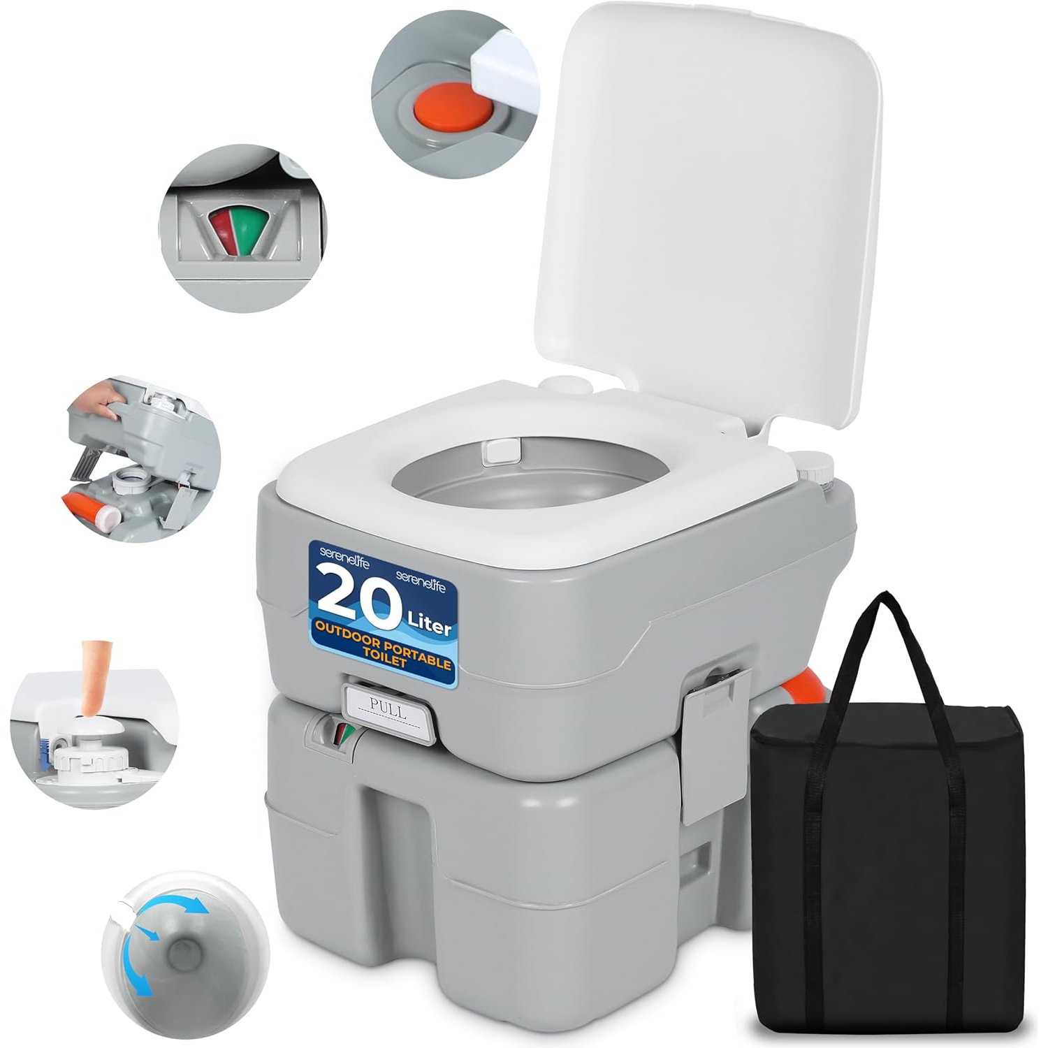 Toilette de camping portative SereneLife de 5,2 gallons avec sac de transport pour adultes, pot Porta anti-fuites avec réservoir à déchets amovible