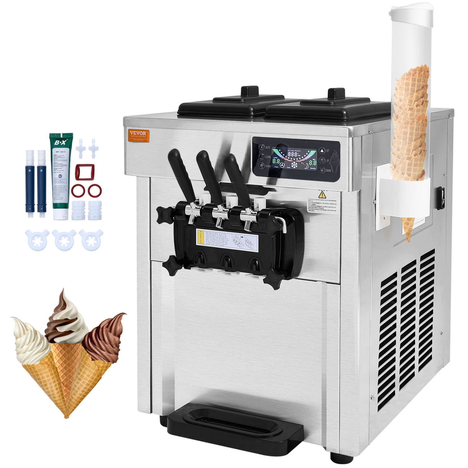 VEVOR 1850W Commercial Ice Cream Machine, 18-28 L/H Yield, 3-Flavor Soft Ice Cream Maker, 2 x 5.5L Stainless Steel Cylinder, LED Panel Auto Clean