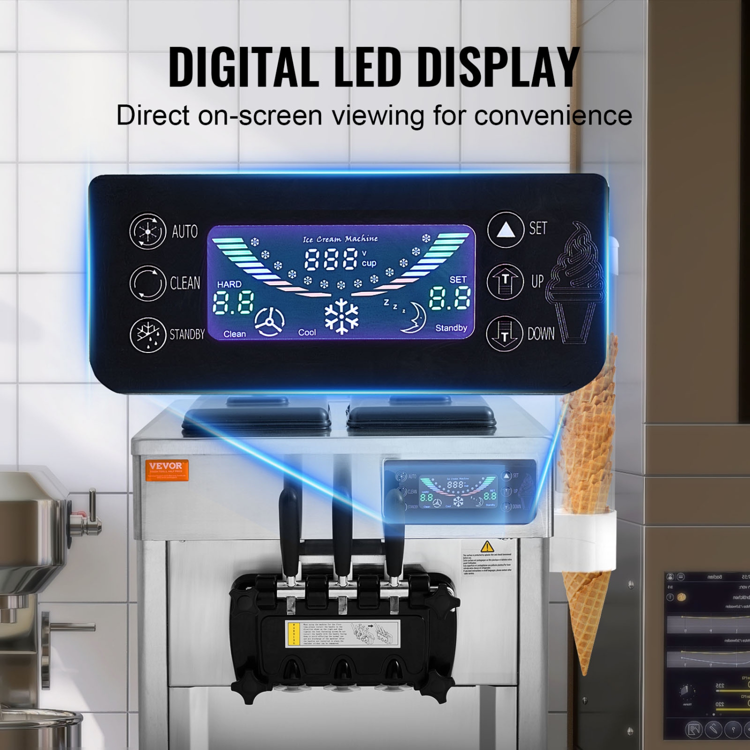 VEVOR 1850W Commercial Ice Cream Machine, 18-28 L/H Yield, 3-Flavor Soft Ice Cream Maker, 2 x 5.5L Stainless Steel Cylinder, LED Panel Auto Clean