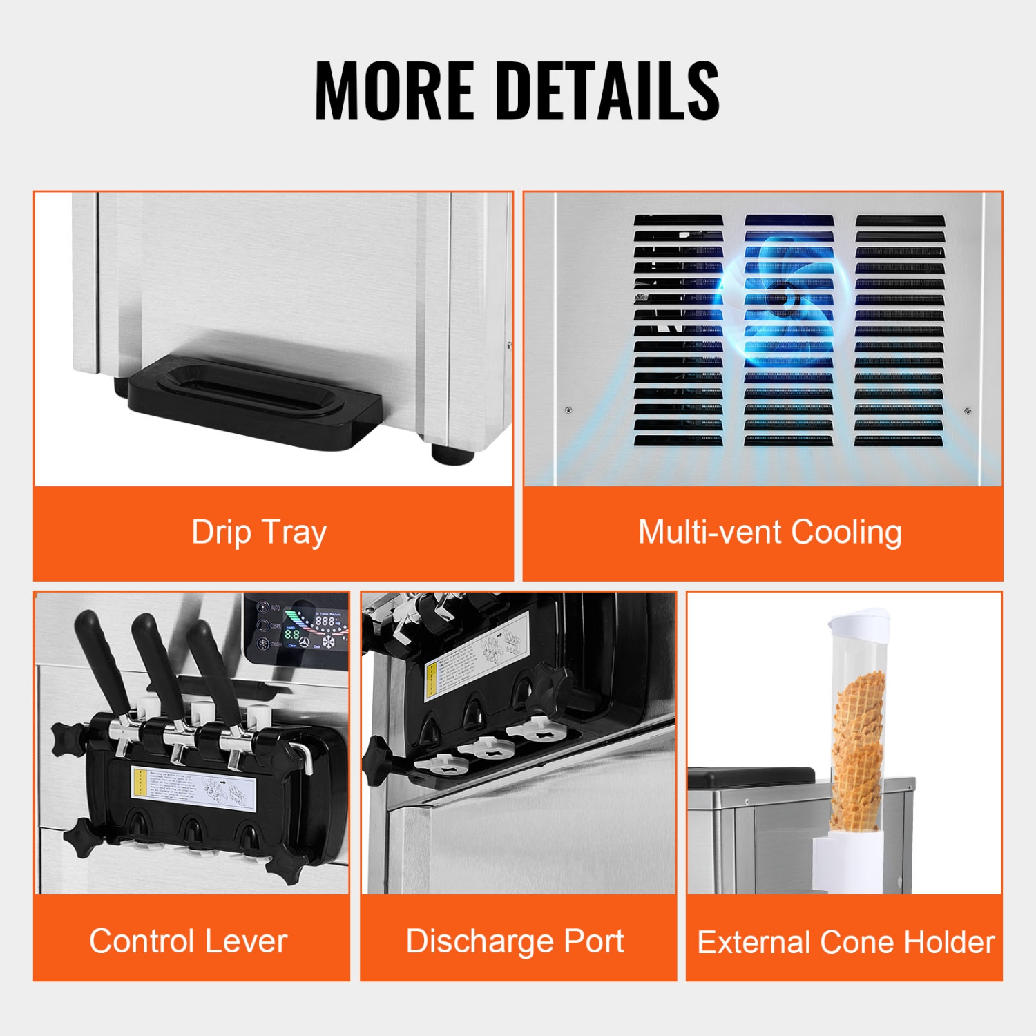 VEVOR 1850W Commercial Ice Cream Machine, 18-28 L/H Yield, 3-Flavor Soft Ice Cream Maker, 2 x 5.5L Stainless Steel Cylinder, LED Panel Auto Clean