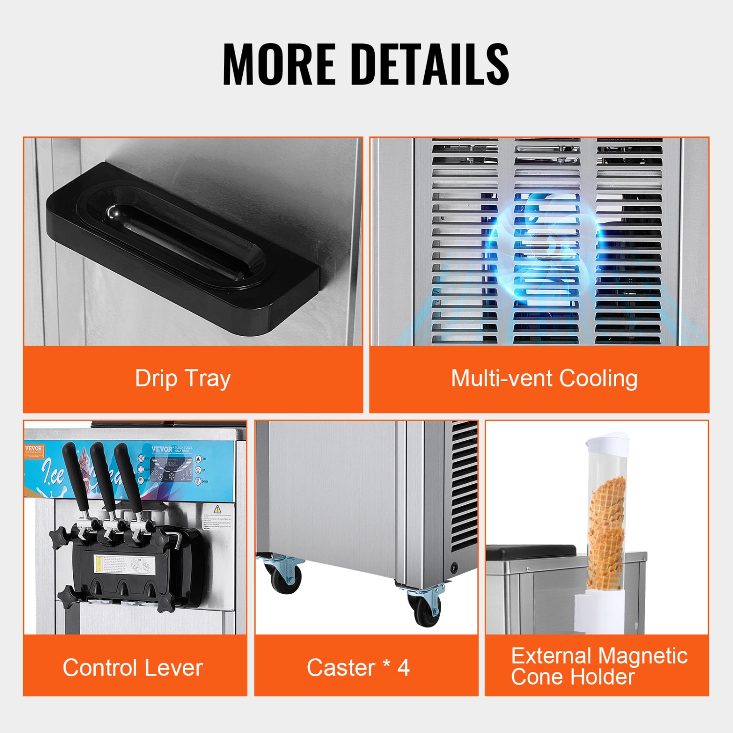 VEVOR 21-31 L/H Yield, Commercial Ice Cream Machine, 1800W 3-Flavor Soft Ice Cream Maker, 2 x 5.5L Stainless Steel Cylinder, LED Panel Auto Clean