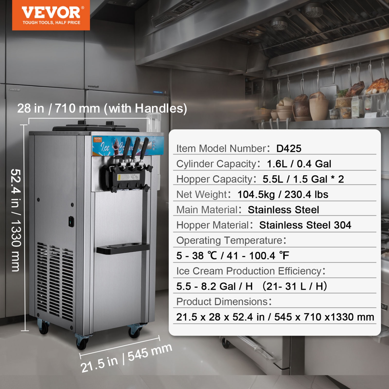 VEVOR 21-31 L/H Yield, Commercial Ice Cream Machine, 1800W 3-Flavor Soft Ice Cream Maker, 2 x 5.5L Stainless Steel Cylinder, LED Panel Auto Clean