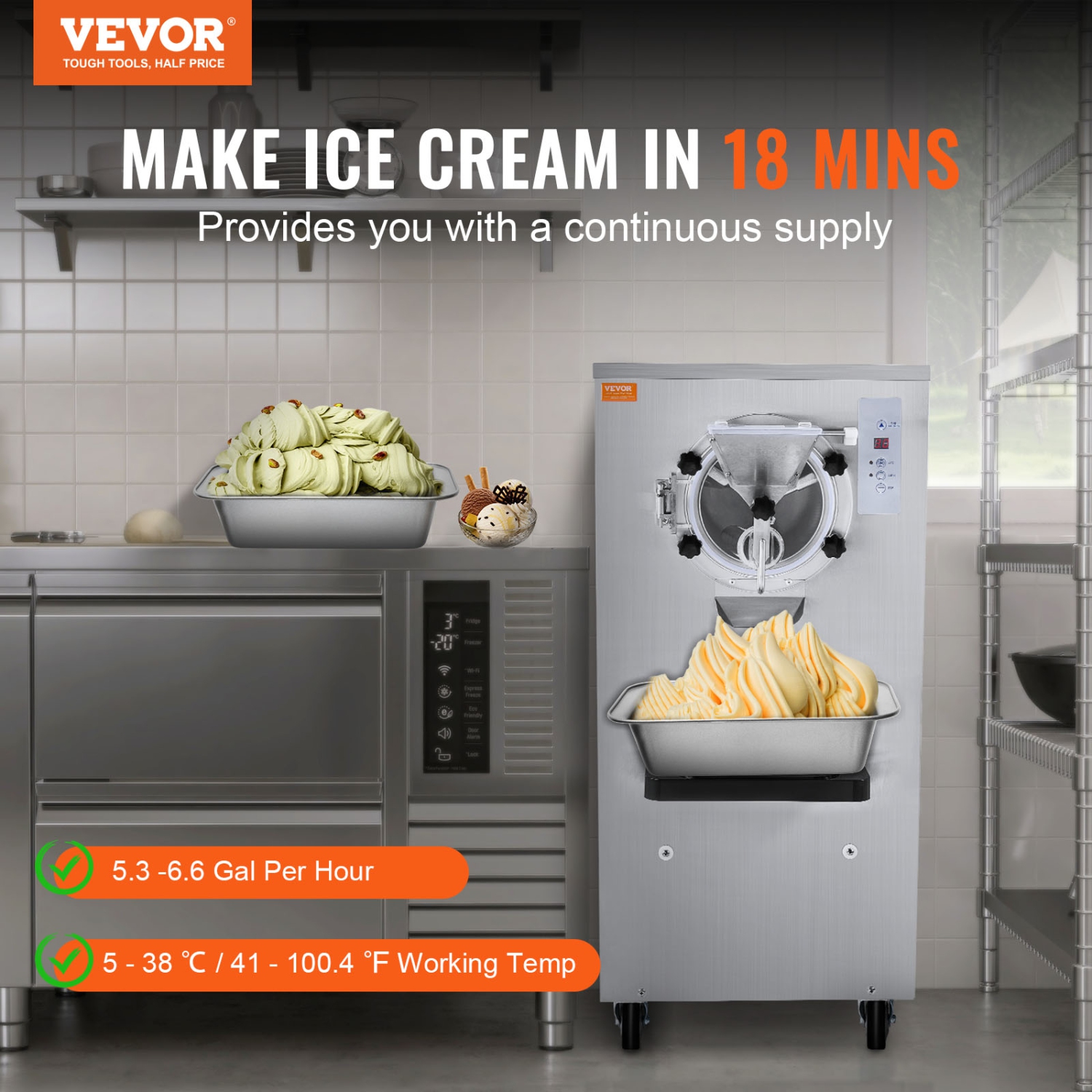 VEVOR 20-25L/H Yield, Ice Cream Machine, 2400W 1-Flavor Hard Ice Cream Maker, 8L Stainless Steel Cylinder,Digital Display Auto Clean Adjustable