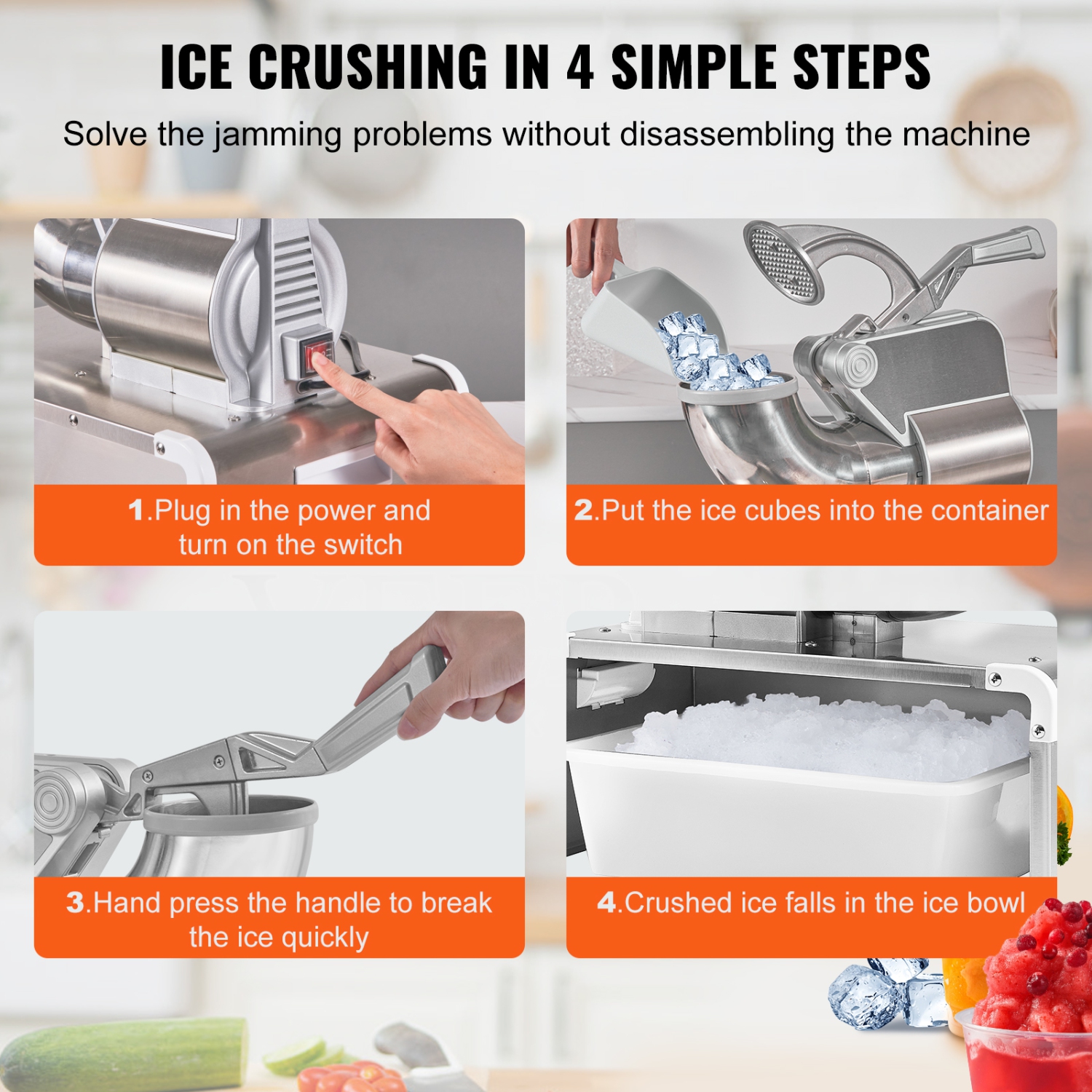 VEVOR 661lbs Ice Crushers Machine, Per Hour Electric Snow Cone Maker with 4 Blades, Stainless Steel Shaved Ice Machine with Cover, 300W Ice Shaver