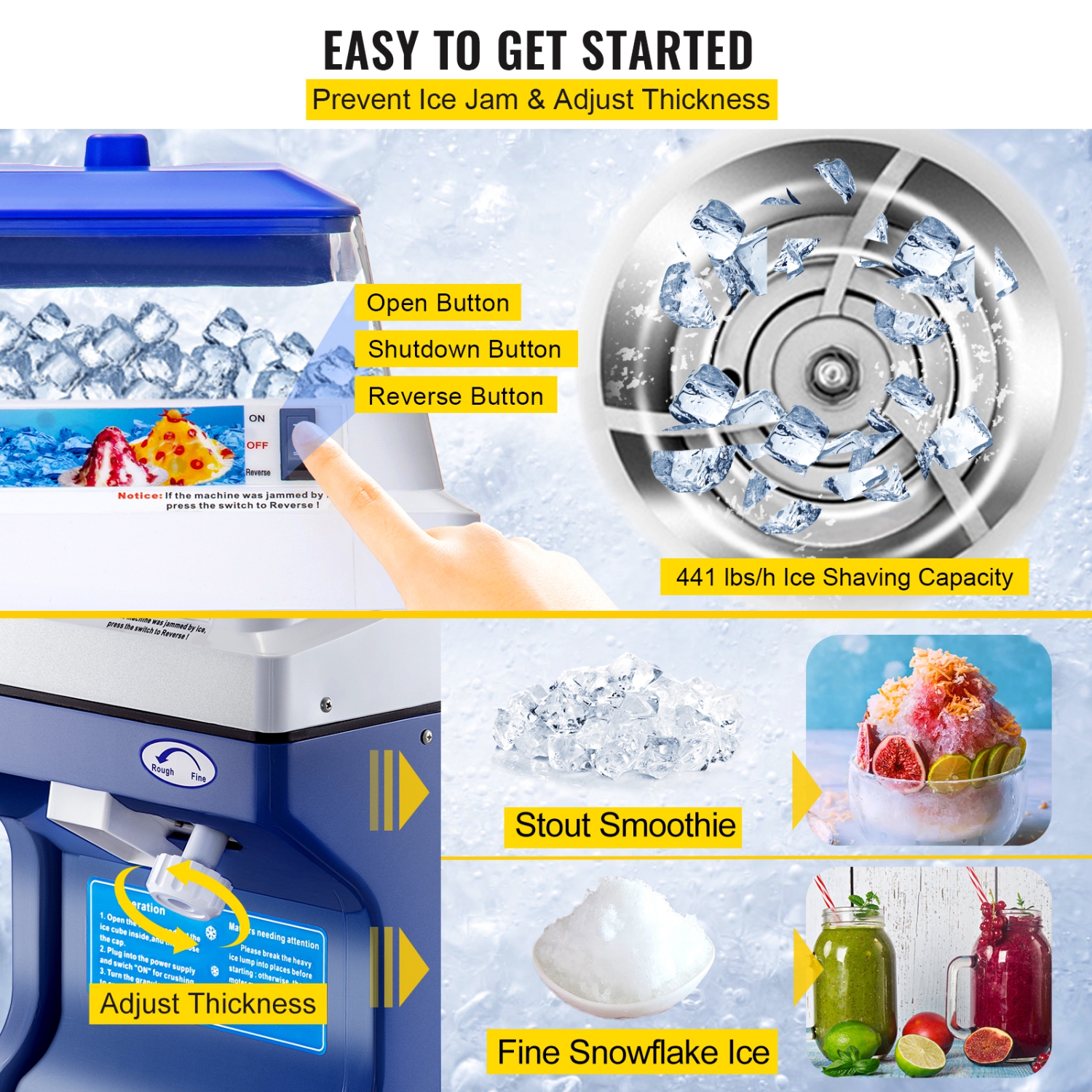 VEVOR 110V Commercial Ice Shaver Crusher 441LBS/H with 11LBS Hopper, 300W Tabletop Electric Snow Cone Maker 320 RPM Rotate Speed Perfect For Parties