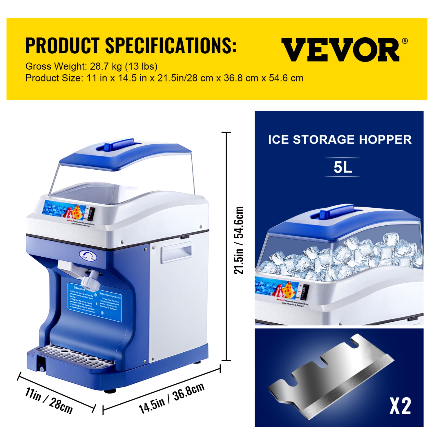 VEVOR 110V Commercial Ice Shaver Crusher 441LBS/H with 11LBS Hopper, 300W Tabletop Electric Snow Cone Maker 320 RPM Rotate Speed Perfect For Parties