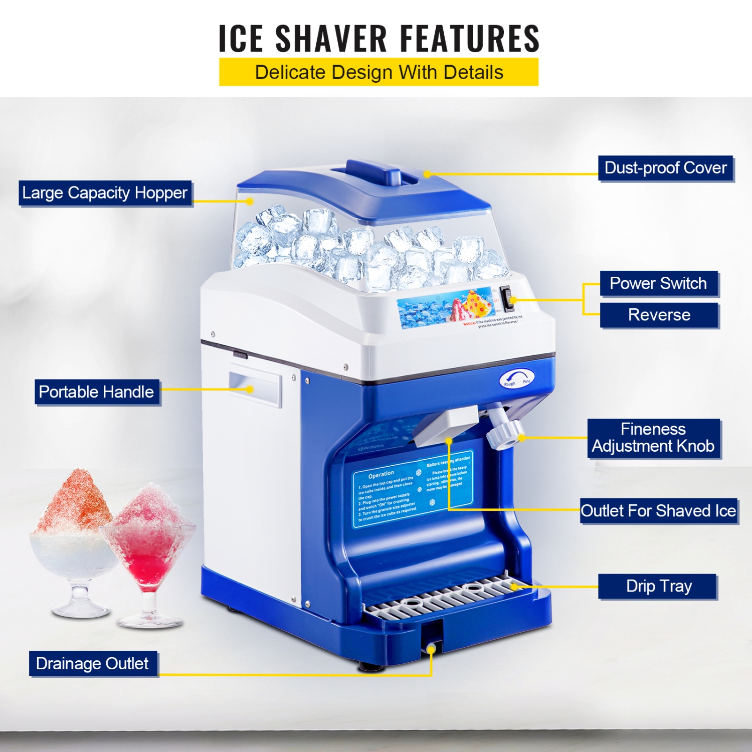 VEVOR 110V Commercial Ice Shaver Crusher 441LBS/H with 11LBS Hopper, 300W Tabletop Electric Snow Cone Maker 320 RPM Rotate Speed Perfect For Parties