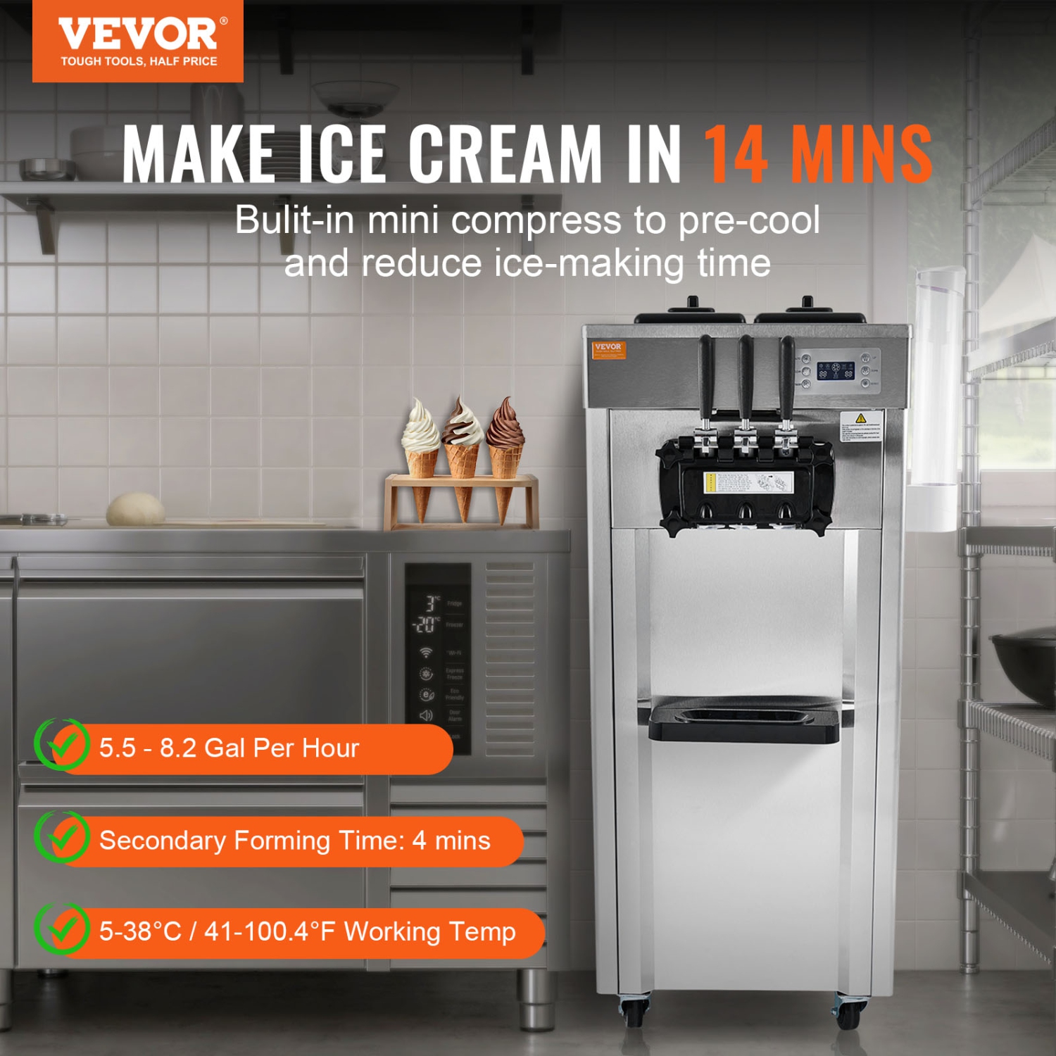 VEVOR 2200W Commercial Soft Ice Cream Machine 3 Flavors 5.3 to 7.4Gallon per Hour PreCooling at Night Auto Clean LCDPanel for Restaurants Snack Bar,