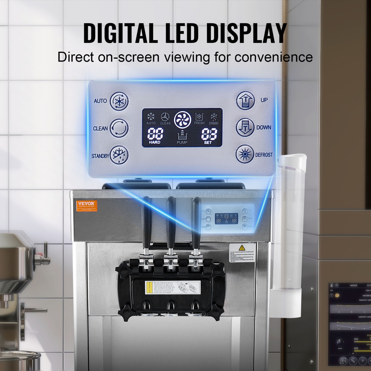 VEVOR 2200W Commercial Soft Ice Cream Machine 3 Flavors 5.3 to 7.4Gallon per Hour PreCooling at Night Auto Clean LCDPanel for Restaurants Snack Bar,
