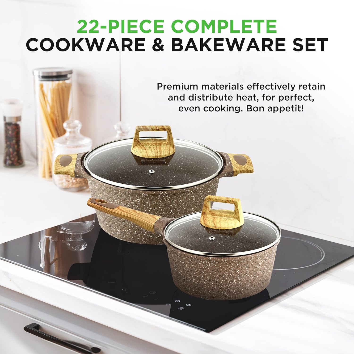 Nutrichef 22-Piece Maroon Marble Non-Stick Cookware and Bakeware Set - Professional Home Kitchen Collection with Multi-Sized Pots, Pans, and