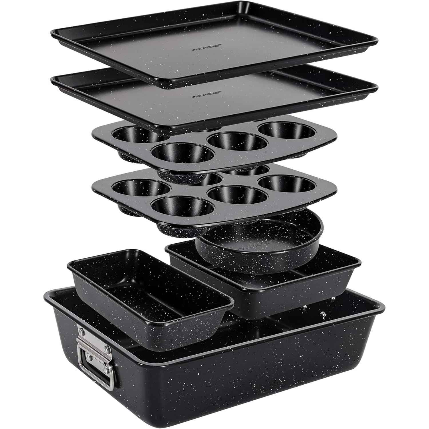 NutriChef 8-Piece Stackable Bakeware Set | Carbon Steel Non-Stick Baking Pan Set | Includes Sheet, Muffin, Round, Loaf, Square Cake & Deep Pans | No