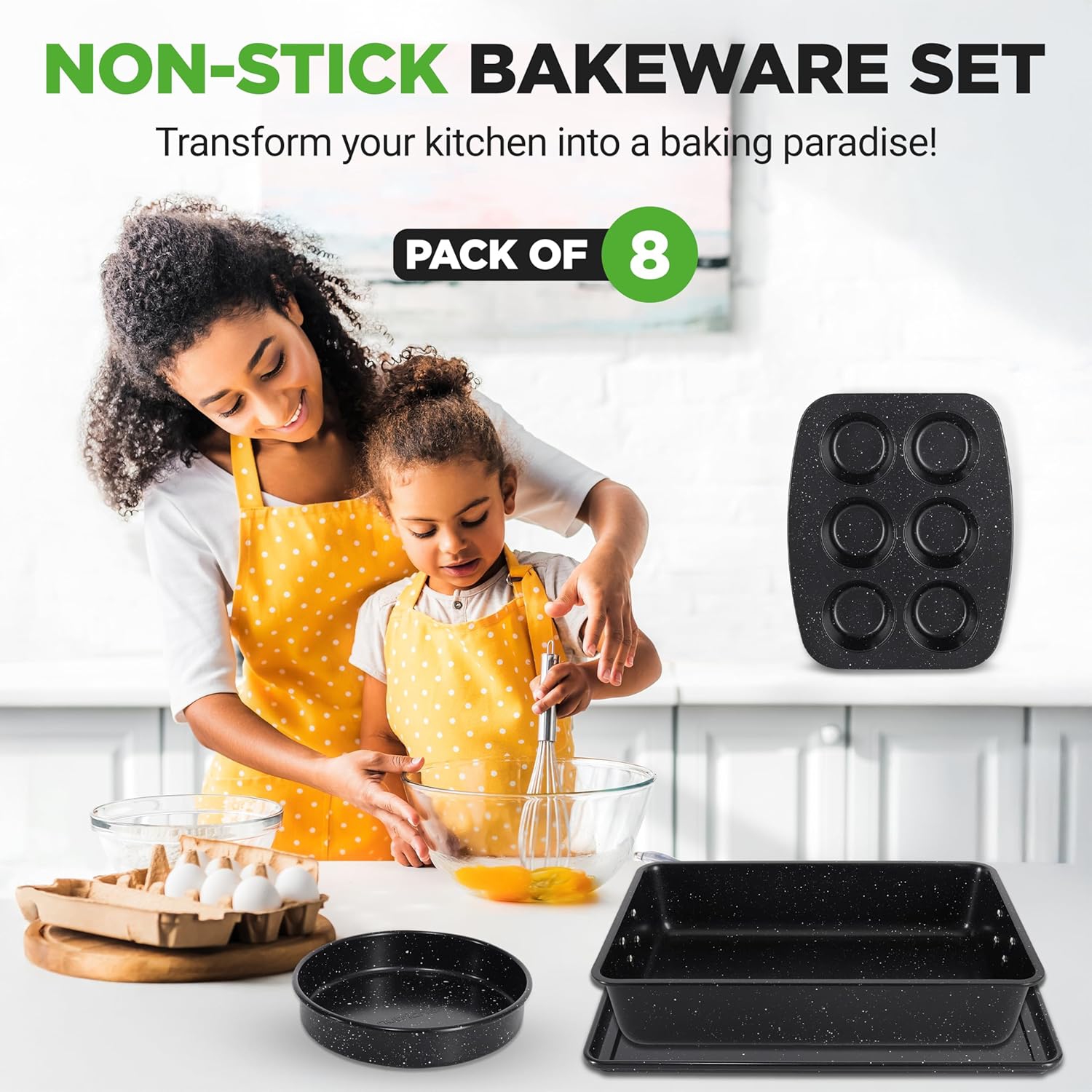 NutriChef 8-Piece Stackable Bakeware Set | Carbon Steel Non-Stick Baking Pan Set | Includes Sheet, Muffin, Round, Loaf, Square Cake & Deep Pans | No