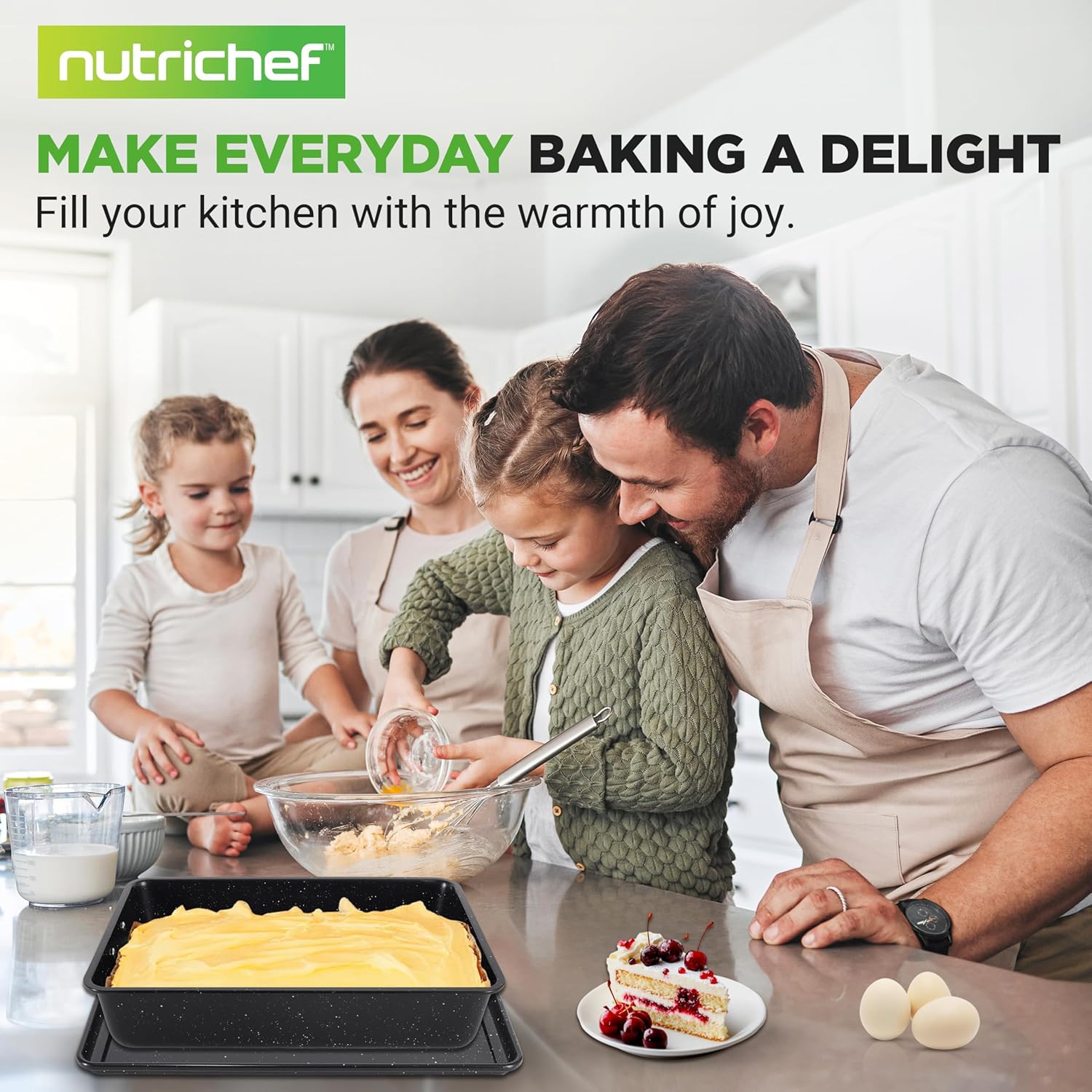 NutriChef 8-Piece Stackable Bakeware Set | Carbon Steel Non-Stick Baking Pan Set | Includes Sheet, Muffin, Round, Loaf, Square Cake & Deep Pans | No