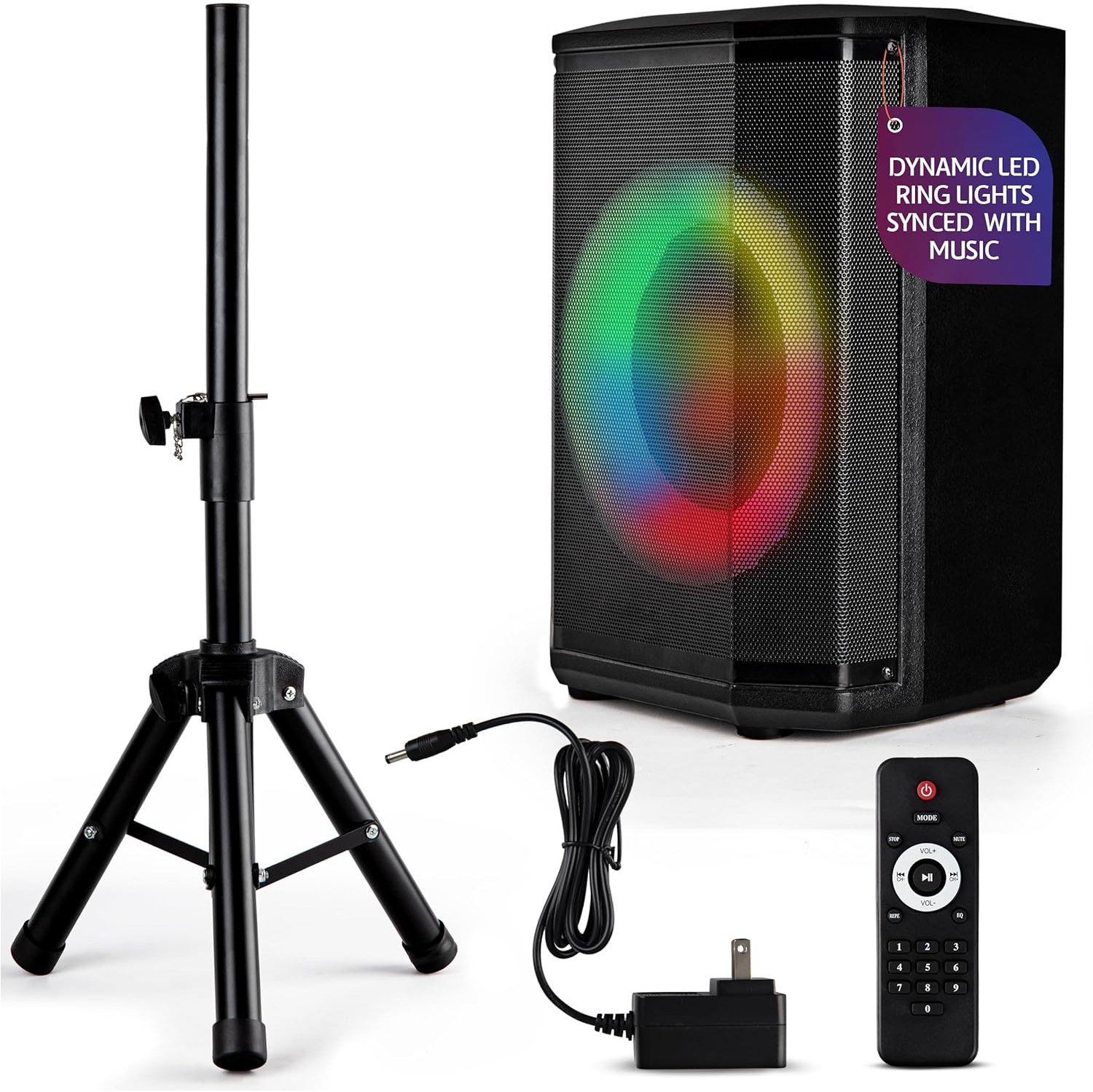 Pyle Portable Bluetooth Speaker with 8" Inch Woofer, TWS Function, Mic Input, USB/Micro SD/FM Radio, Colorful Ring Lights, 120W Rechargeable Battery, Tripod Stand, Hi-Fi Sound