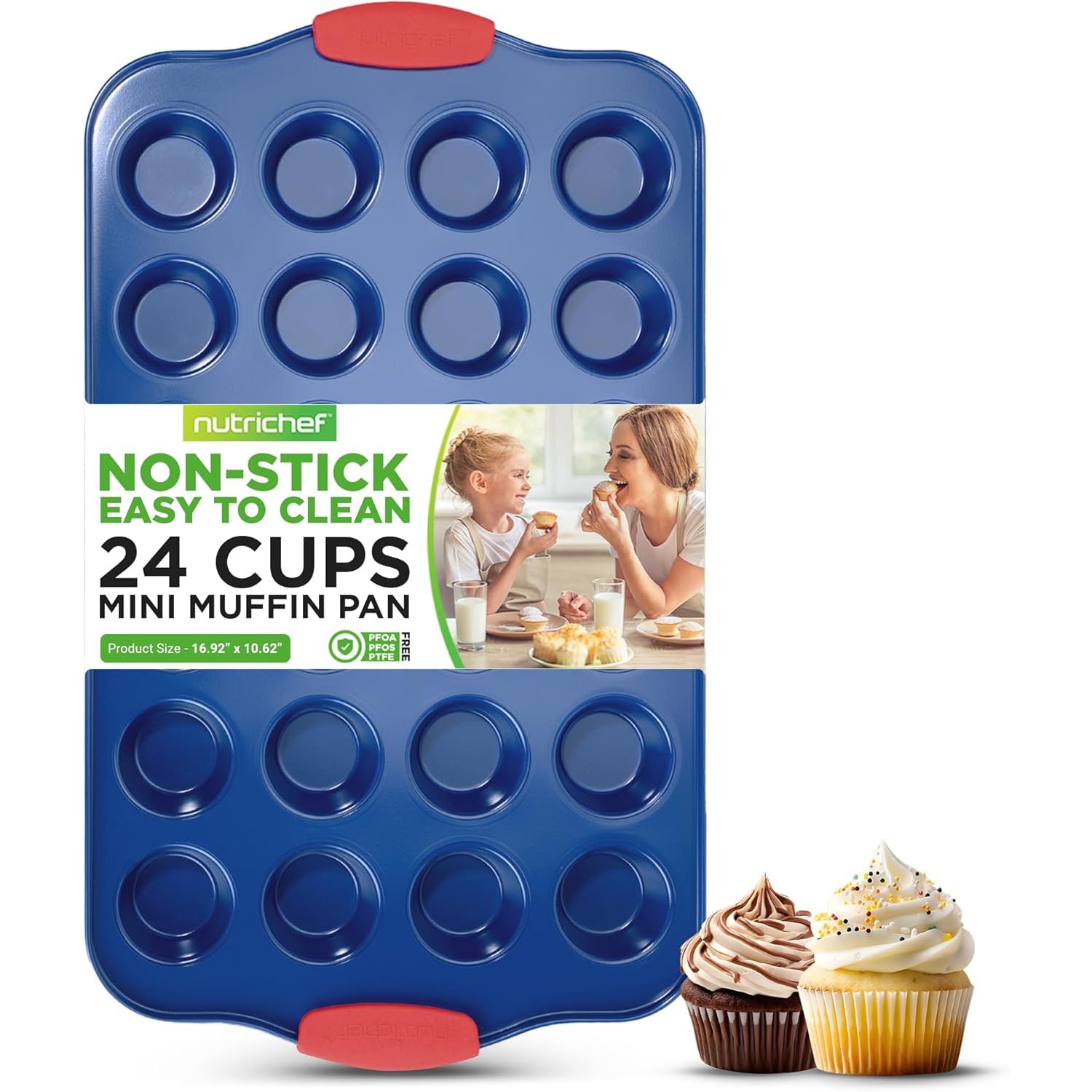 NutriChef 17” Nonstick Mini Muffin Pan - Premium Carbon Steel 24 Cup Baking Tray w/ Red Silicone Handles, Easy to Clean Mini Cupcake Bakewear -