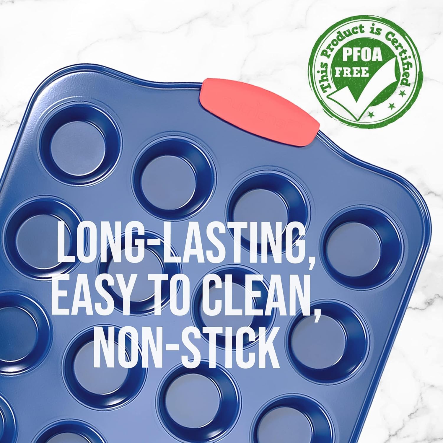 NutriChef 17” Nonstick Mini Muffin Pan - Premium Carbon Steel 24 Cup Baking Tray w/ Red Silicone Handles, Easy to Clean Mini Cupcake Bakewear -