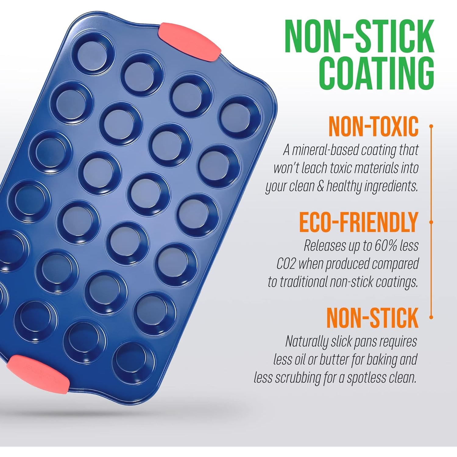 NutriChef 17” Nonstick Mini Muffin Pan - Premium Carbon Steel 24 Cup Baking Tray w/ Red Silicone Handles, Easy to Clean Mini Cupcake Bakewear -