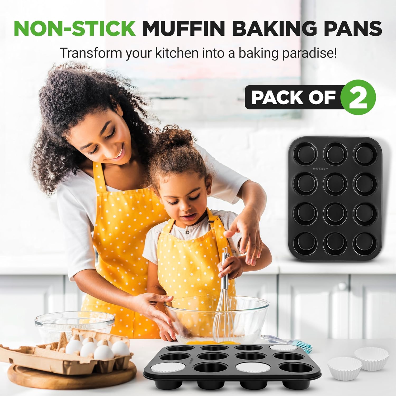 NutriChef Muffin Pans for Baking 2-Pack | Nonstick 12 Mold Cupcake Tins | Carbon Steel Stackable Cup Cake Trays | Dishwasher & Oven Safe | Includes
