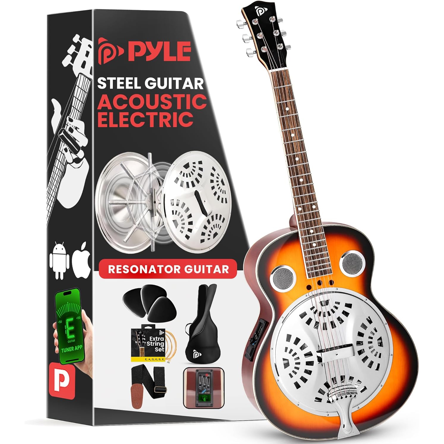 Pyle Electro Resophonic Acoustic Electric Guitar Set, Full Size Round Neck Traditional Resonator, Built-in Pre Amplifier, White