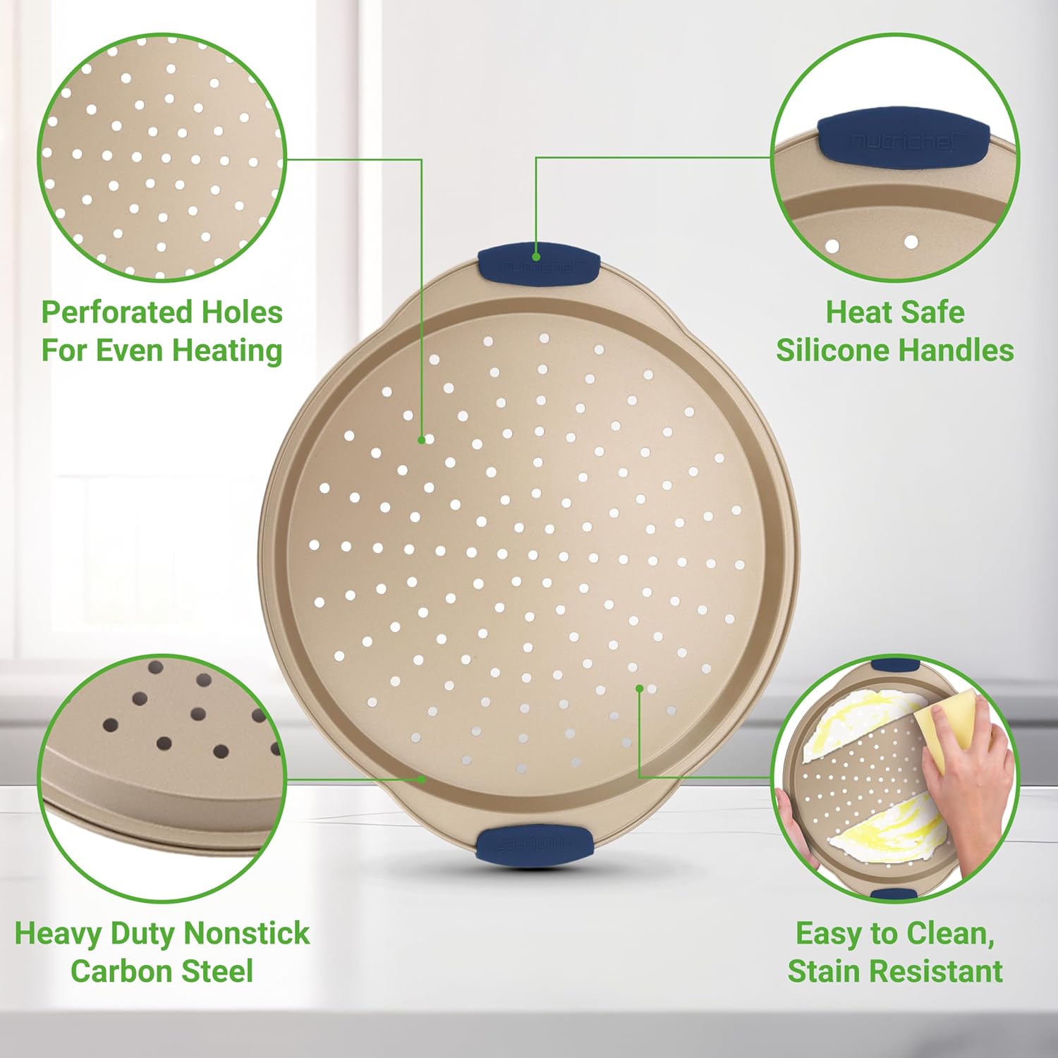 NutriChef 3-Piece Pizza Tray Set with Silicone Handles - Round Nonstick Pizza Pan with Perforated Holes, Durable Carbon Steel, Small, Medium, Large