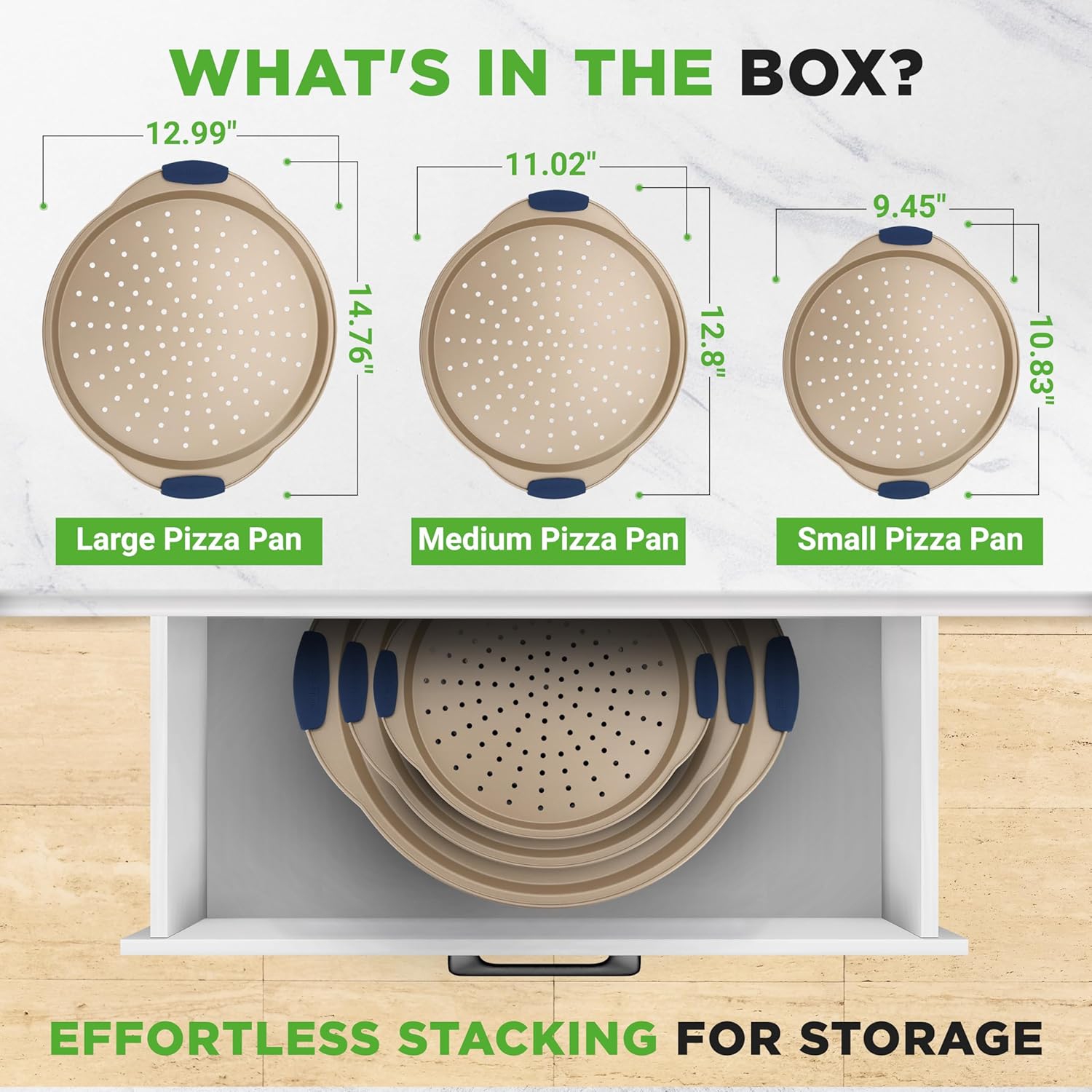 NutriChef 3-Piece Pizza Tray Set with Silicone Handles - Round Nonstick Pizza Pan with Perforated Holes, Durable Carbon Steel, Small, Medium, Large