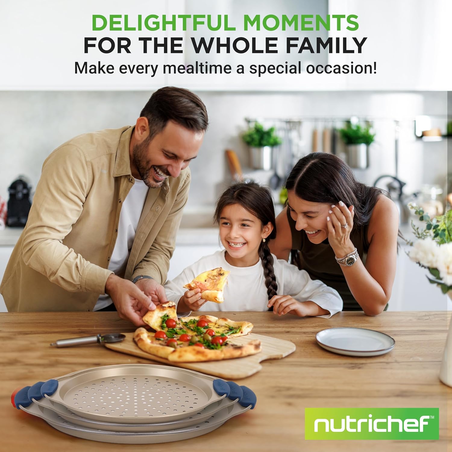 NutriChef 3-Piece Pizza Tray Set with Silicone Handles - Round Nonstick Pizza Pan with Perforated Holes, Durable Carbon Steel, Small, Medium, Large