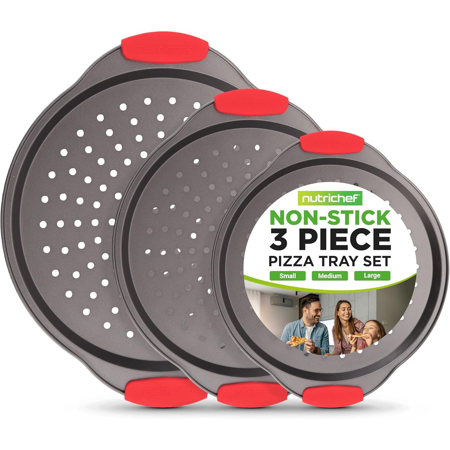NutriChef 3-Piece Pizza Tray Set with Silicone Handles - Round Nonstick Pizza Pan with Perforated Holes, Durable Carbon Steel, Small, Medium, Large