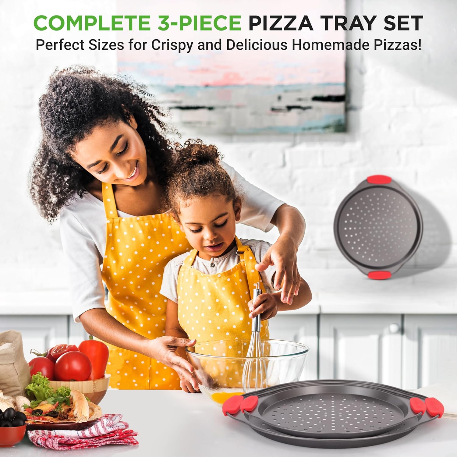 NutriChef 3-Piece Pizza Tray Set with Silicone Handles - Round Nonstick Pizza Pan with Perforated Holes, Durable Carbon Steel, Small, Medium, Large