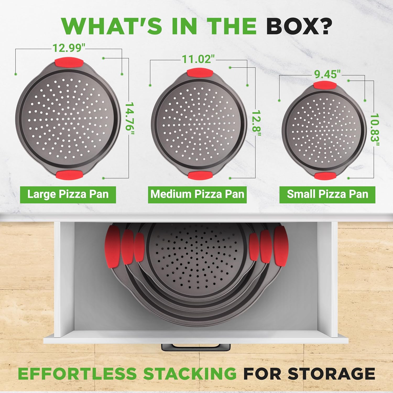 NutriChef 3-Piece Pizza Tray Set with Silicone Handles - Round Nonstick Pizza Pan with Perforated Holes, Durable Carbon Steel, Small, Medium, Large