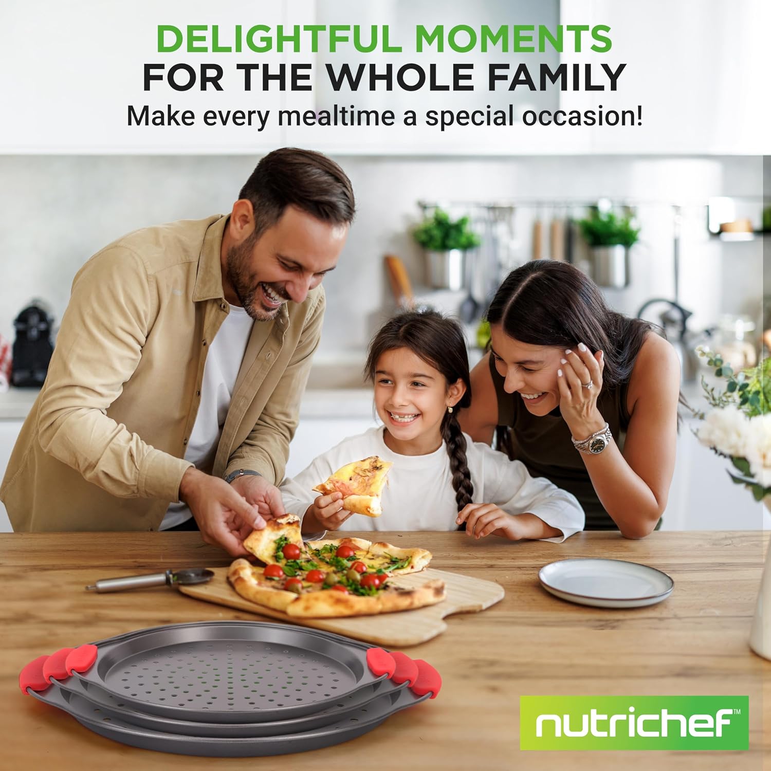 NutriChef 3-Piece Pizza Tray Set with Silicone Handles - Round Nonstick Pizza Pan with Perforated Holes, Durable Carbon Steel, Small, Medium, Large