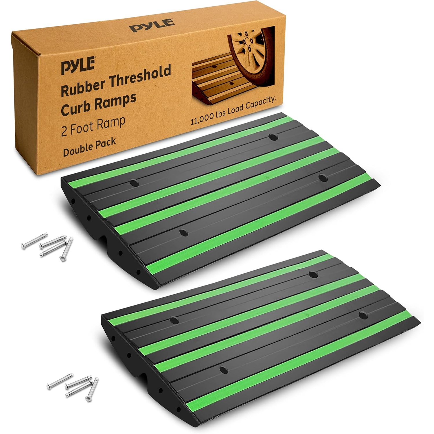Pyle 2 Ft. Rubber Threshold Curb Ramp Set, Green Reflective Strip for Driveways, Non-Slip Marine Grade Rubber, Pack of 2 Heavy Duty Car Ramps for