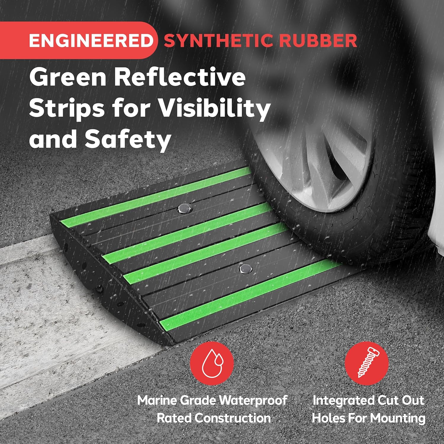 Pyle 2 Ft. Rubber Threshold Curb Ramp Set, Green Reflective Strip for Driveways, Non-Slip Marine Grade Rubber, Pack of 2 Heavy Duty Car Ramps for