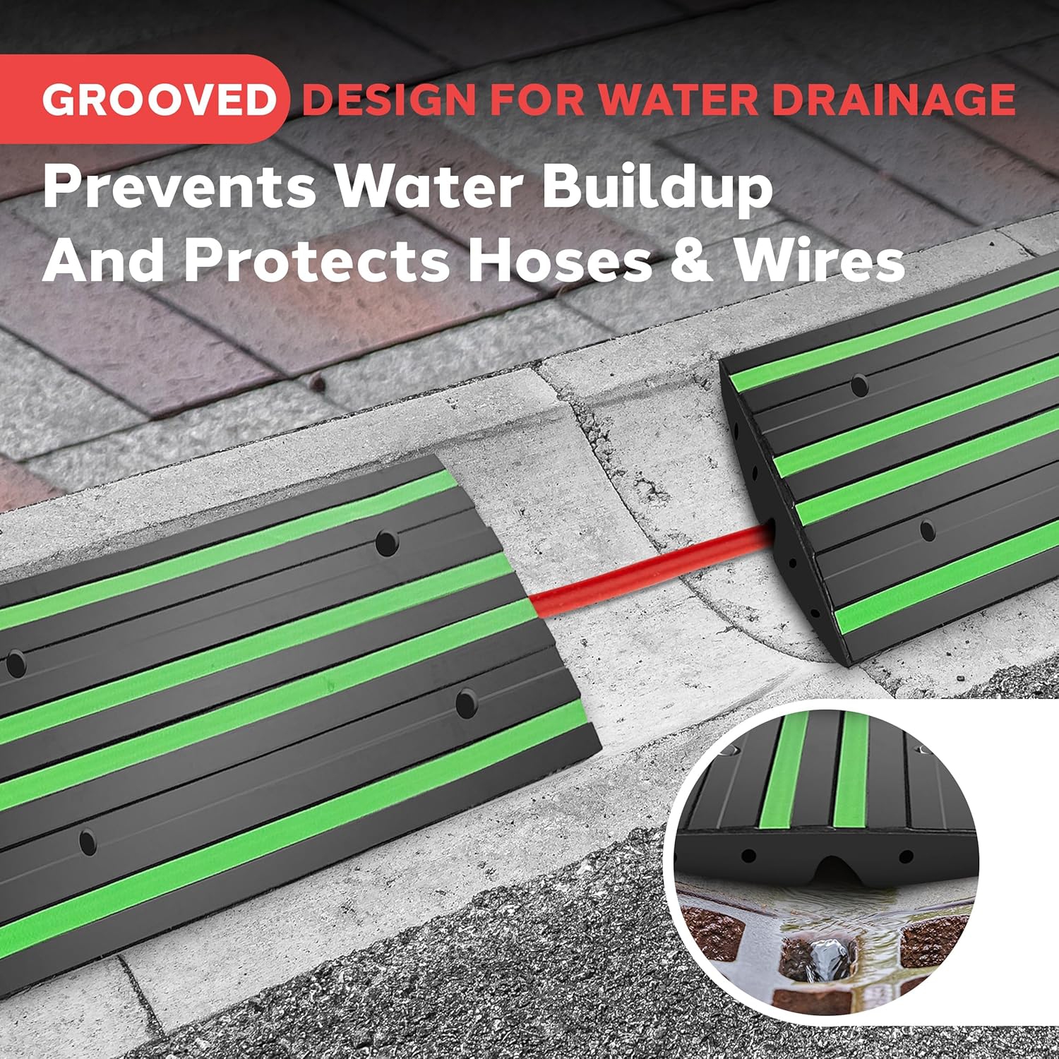 Pyle 2 Ft. Rubber Threshold Curb Ramp Set, Green Reflective Strip for Driveways, Non-Slip Marine Grade Rubber, Pack of 2 Heavy Duty Car Ramps for