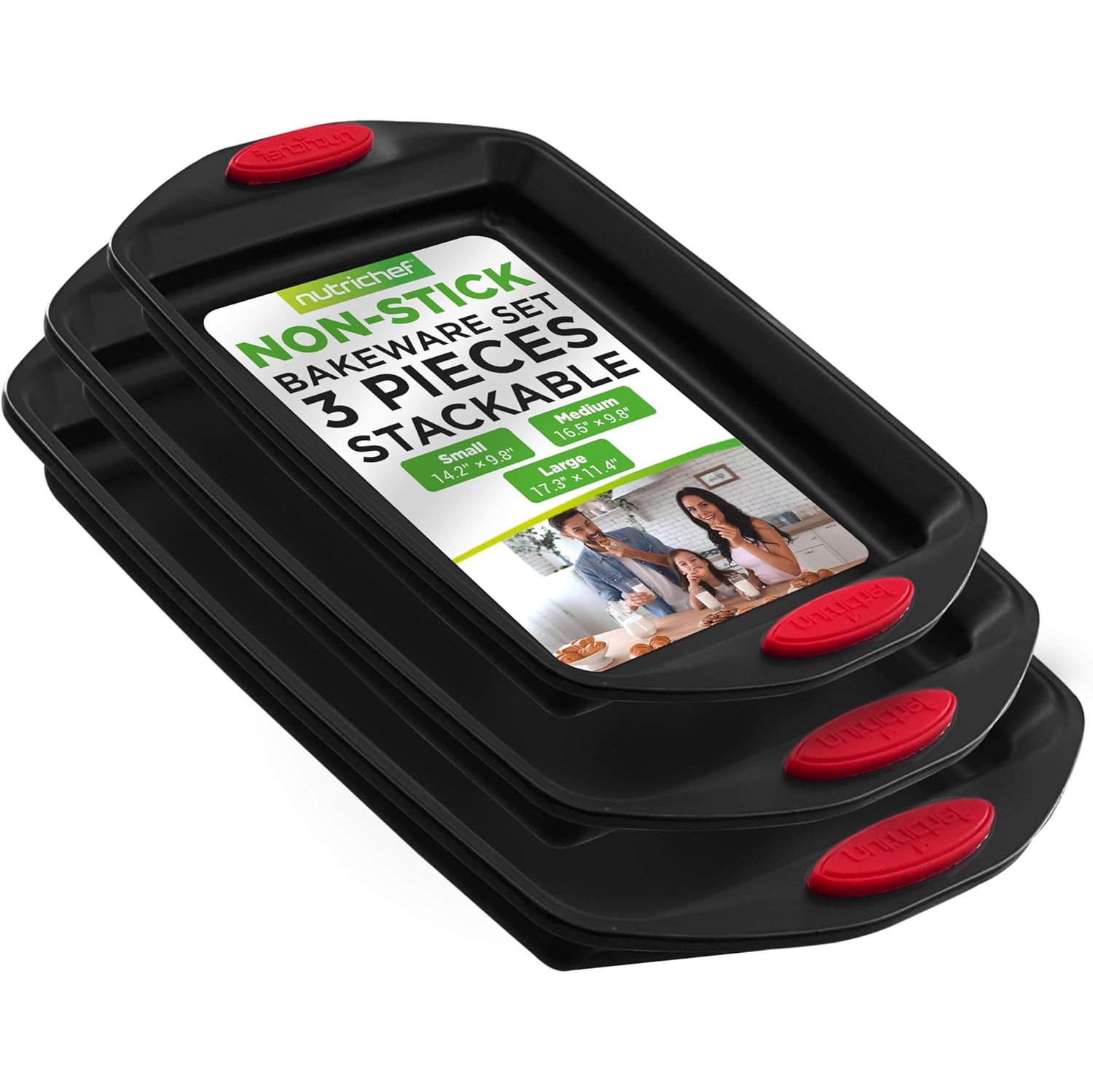 NutriChef 3-Piece Baking Pan Set - Premium Nonstick Carbon Steel Bakeware w/ Silicone Handles - Includes Large, Medium, & Small Pans for Baking &