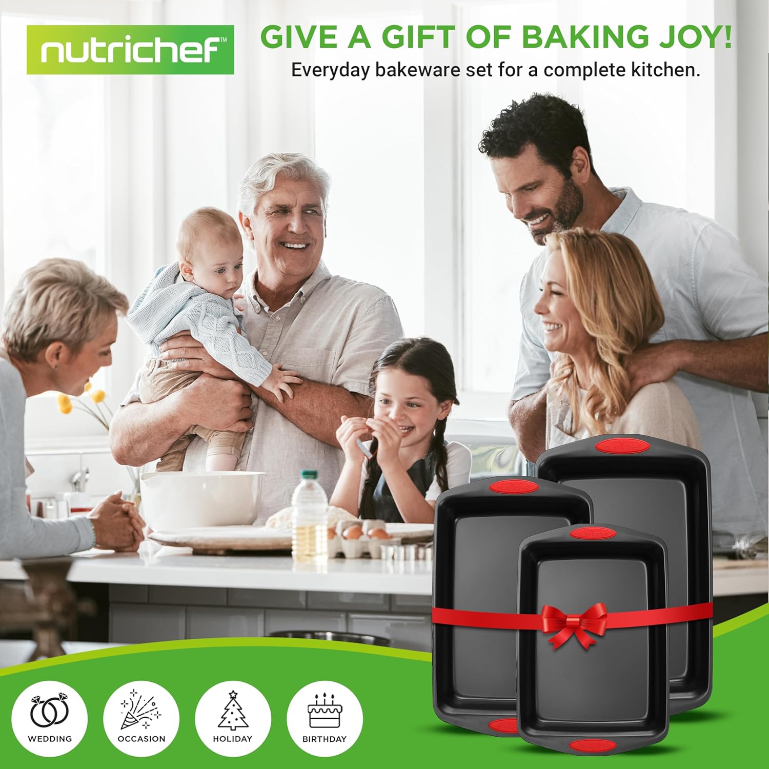NutriChef 3-Piece Baking Pan Set - Premium Nonstick Carbon Steel Bakeware w/ Silicone Handles - Includes Large, Medium, & Small Pans for Baking &