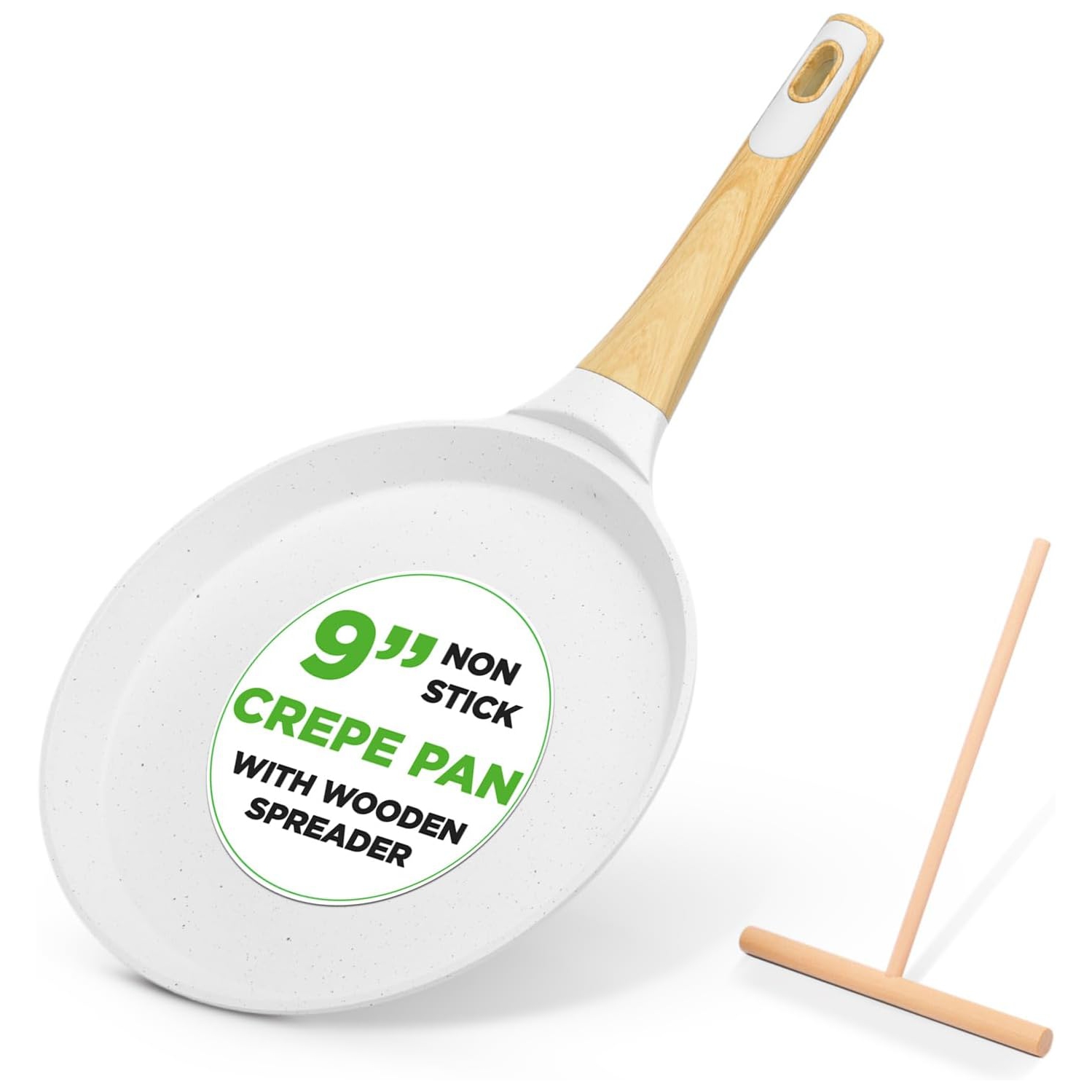 NutriChef 9.45” Non-Stick Crepe Pan with Wooden Spreader, Durable Marble Coated Dosa Pan, Bakelite Handle and Induction Bottom, PFOA/PFOS Free,