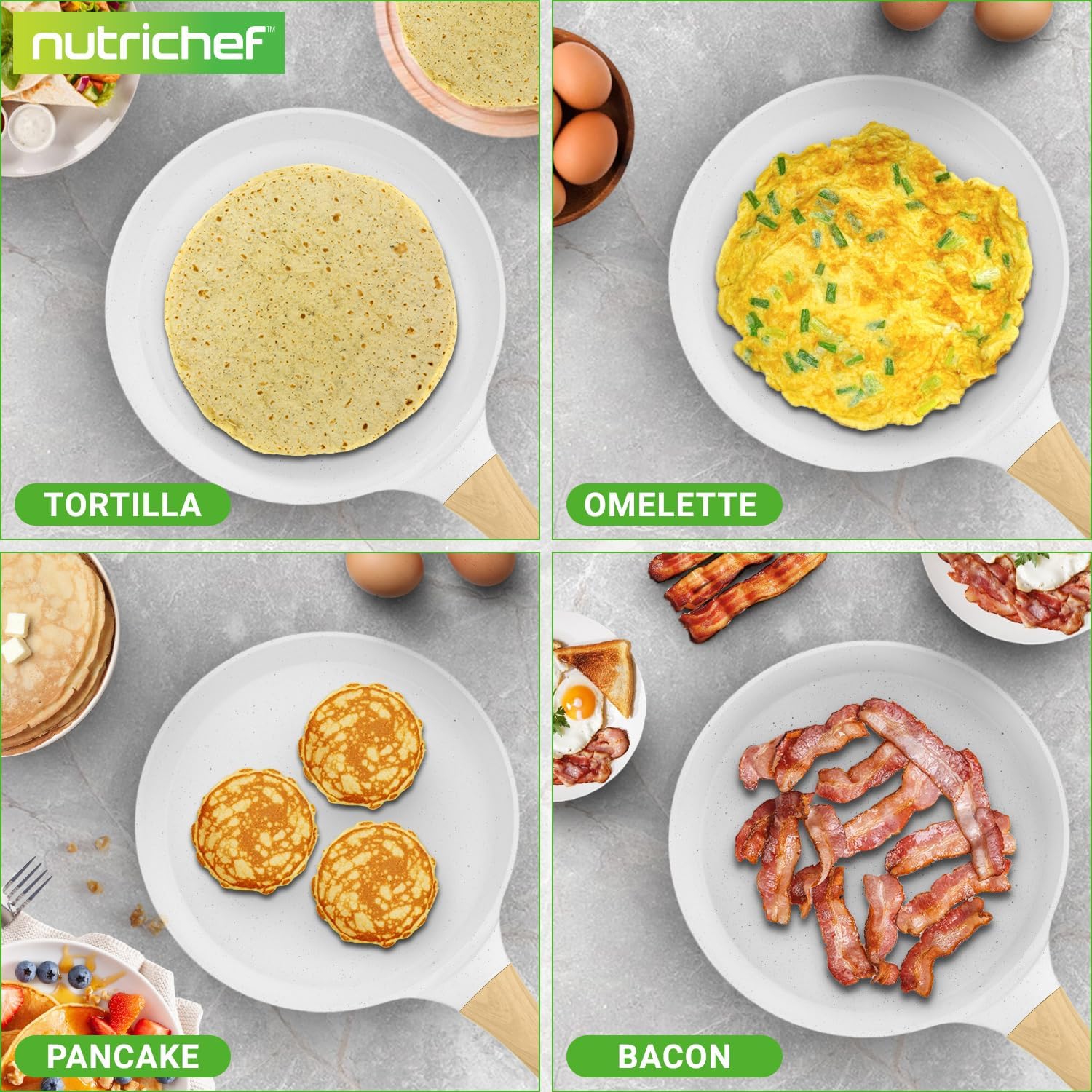 NutriChef 9.45” Non-Stick Crepe Pan with Wooden Spreader, Durable Marble Coated Dosa Pan, Bakelite Handle and Induction Bottom, PFOA/PFOS Free,