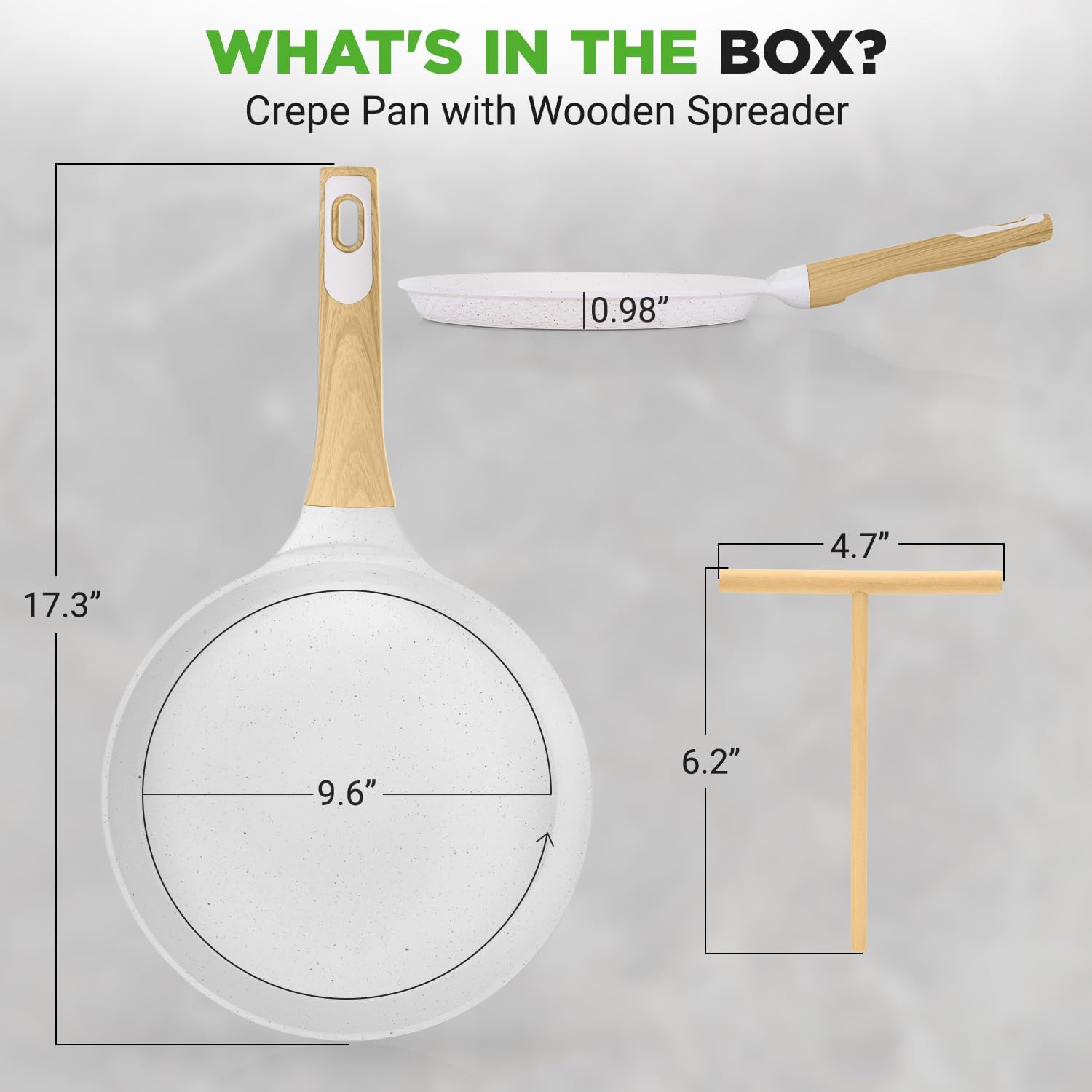 NutriChef 9.45” Non-Stick Crepe Pan with Wooden Spreader, Durable Marble Coated Dosa Pan, Bakelite Handle and Induction Bottom, PFOA/PFOS Free,
