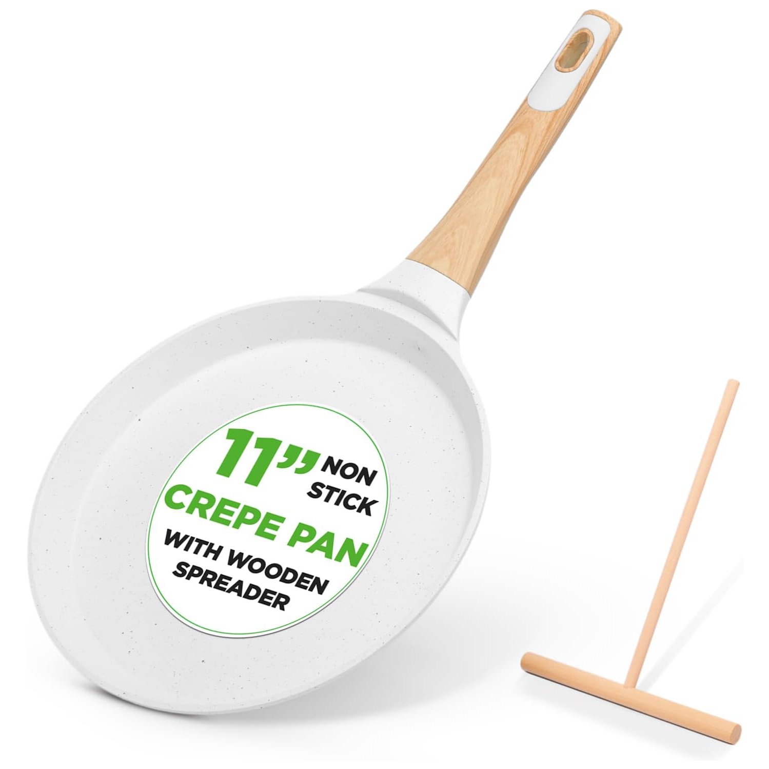 NutriChef 11” Non-Stick Crepe Pan with Wooden Spreader, Durable Marble Coated Dosa Pan, Bakelite And Wood Handle With Induction Bottom,