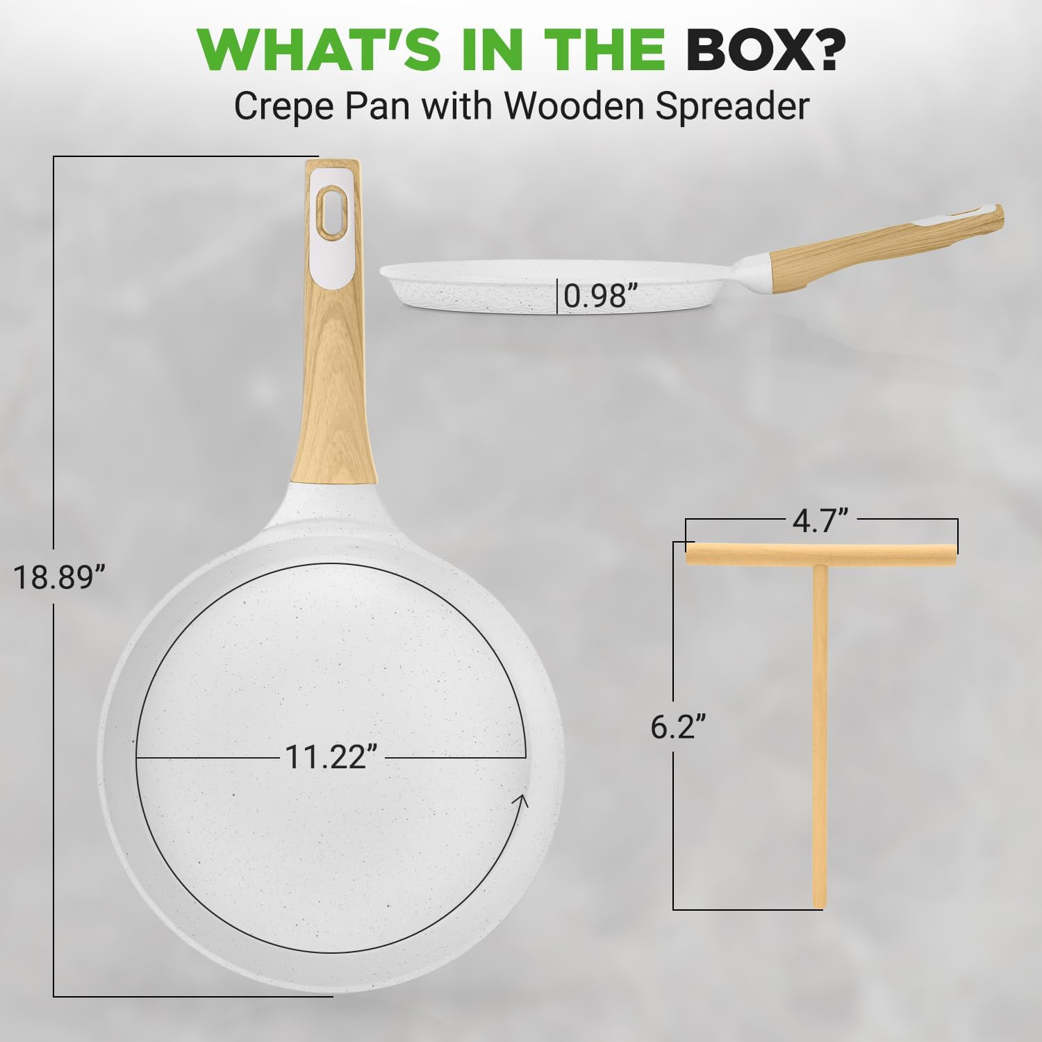 NutriChef 11” Non-Stick Crepe Pan with Wooden Spreader, Durable Marble Coated Dosa Pan, Bakelite And Wood Handle With Induction Bottom,