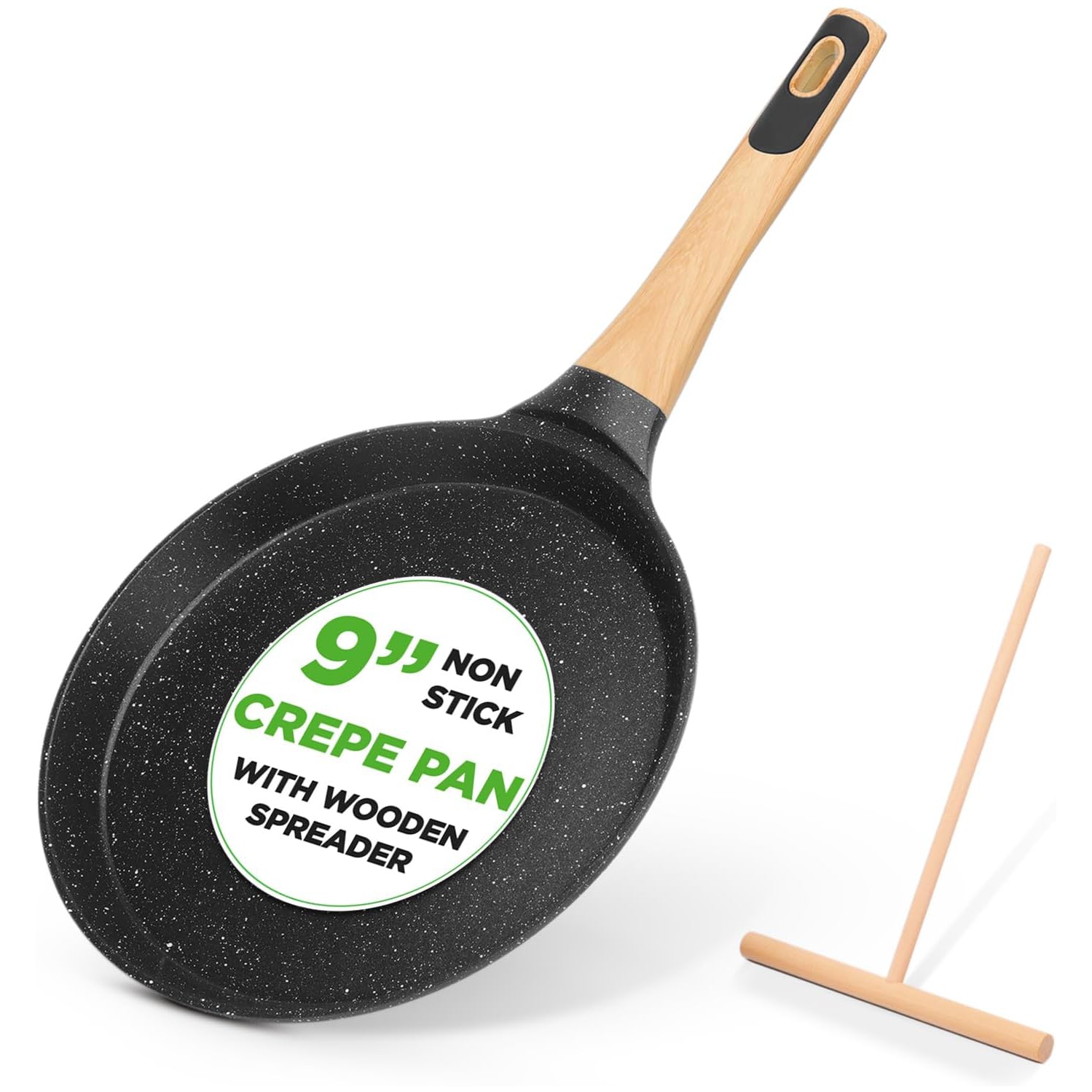 NutriChef 9.45” Non-Stick Crepe Pan with Wooden Spreader, Durable Marble Coated Dosa Pan, Bakelite Handle and Induction Bottom, PFOA/PFOS Free,