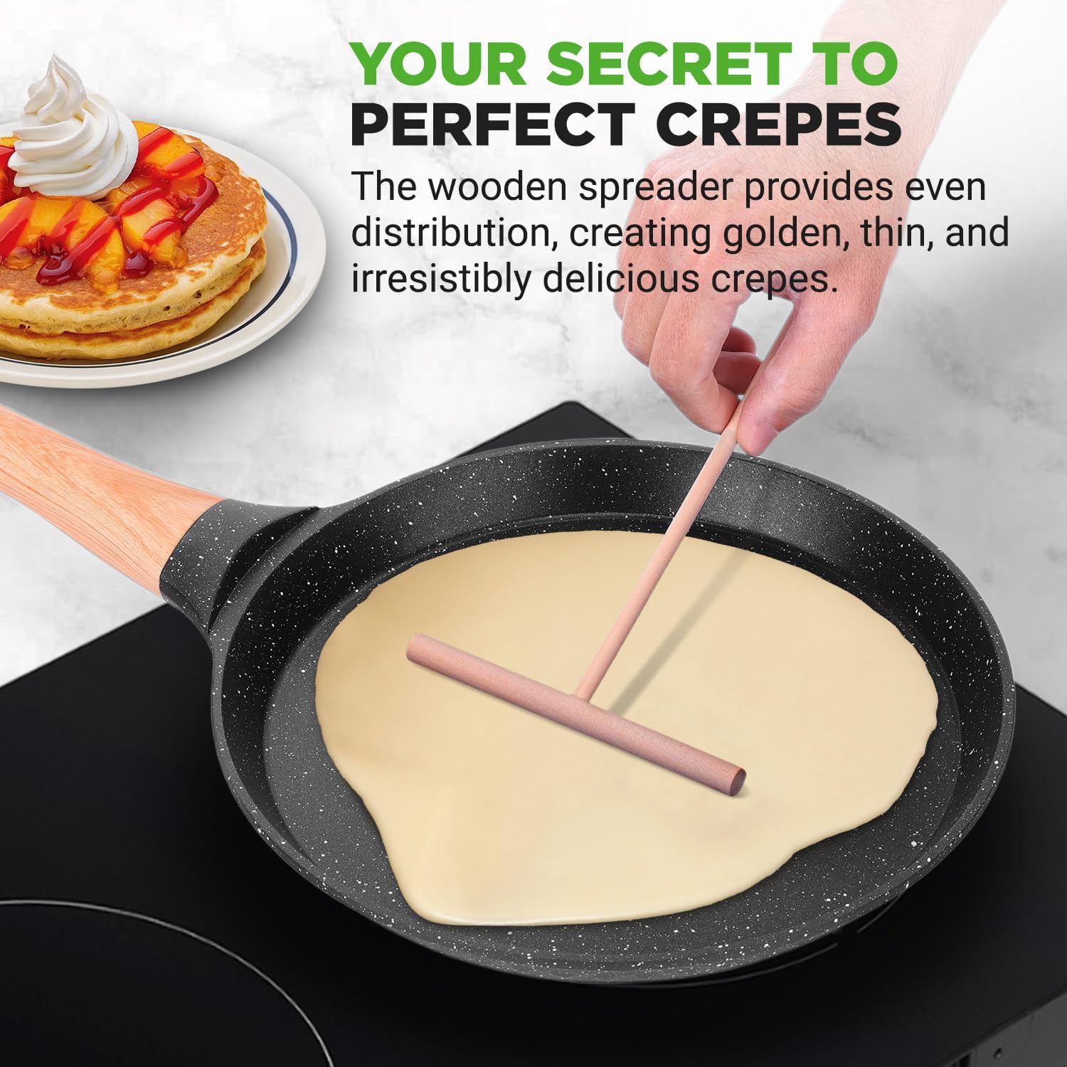 NutriChef 9.45” Non-Stick Crepe Pan with Wooden Spreader, Durable Marble Coated Dosa Pan, Bakelite Handle and Induction Bottom, PFOA/PFOS Free,
